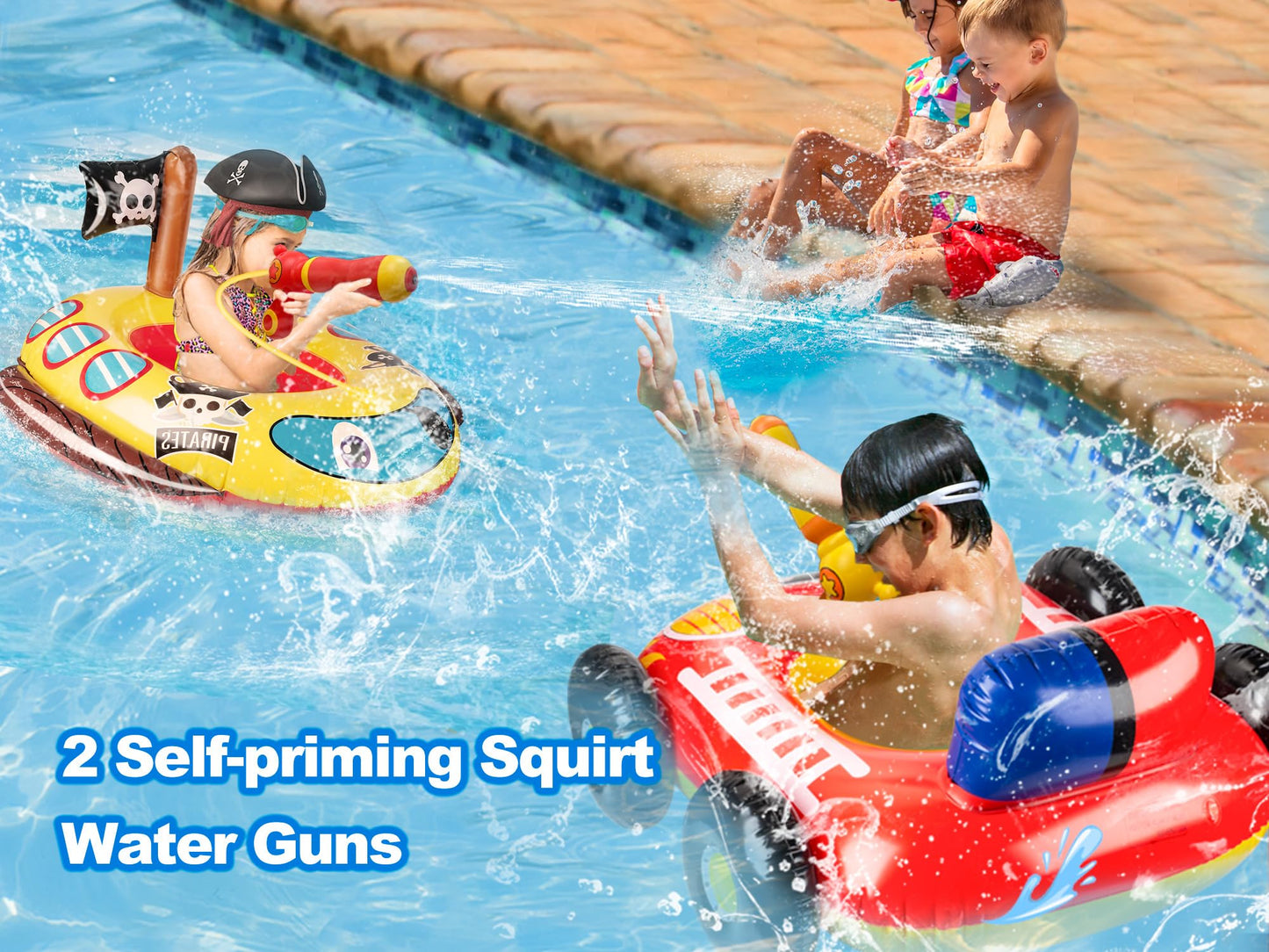 Big Summer Inflatable Fire Truck Pool Floats for Kids with Built-in Squirt Gun, Inflatable Toddler Pool Toys for Children Aged 3-8 Years