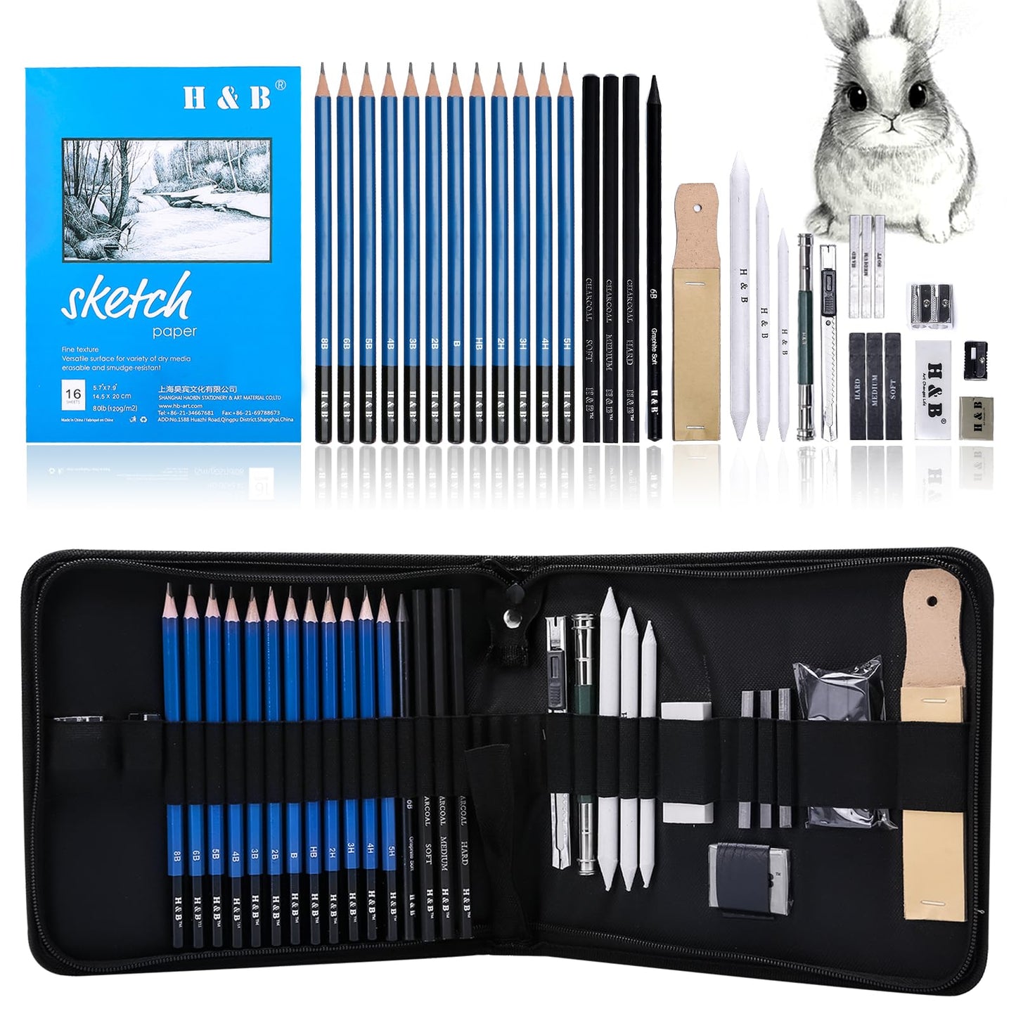 H & B 33 Pieces Drawing Pencils Set, Sketching Pencils Set & Drawing Kit, Includes Sketch Pad, Graphite Pencils, Charcoal Sticks and Eraser, Supplies for Artists/Beginner/Adults