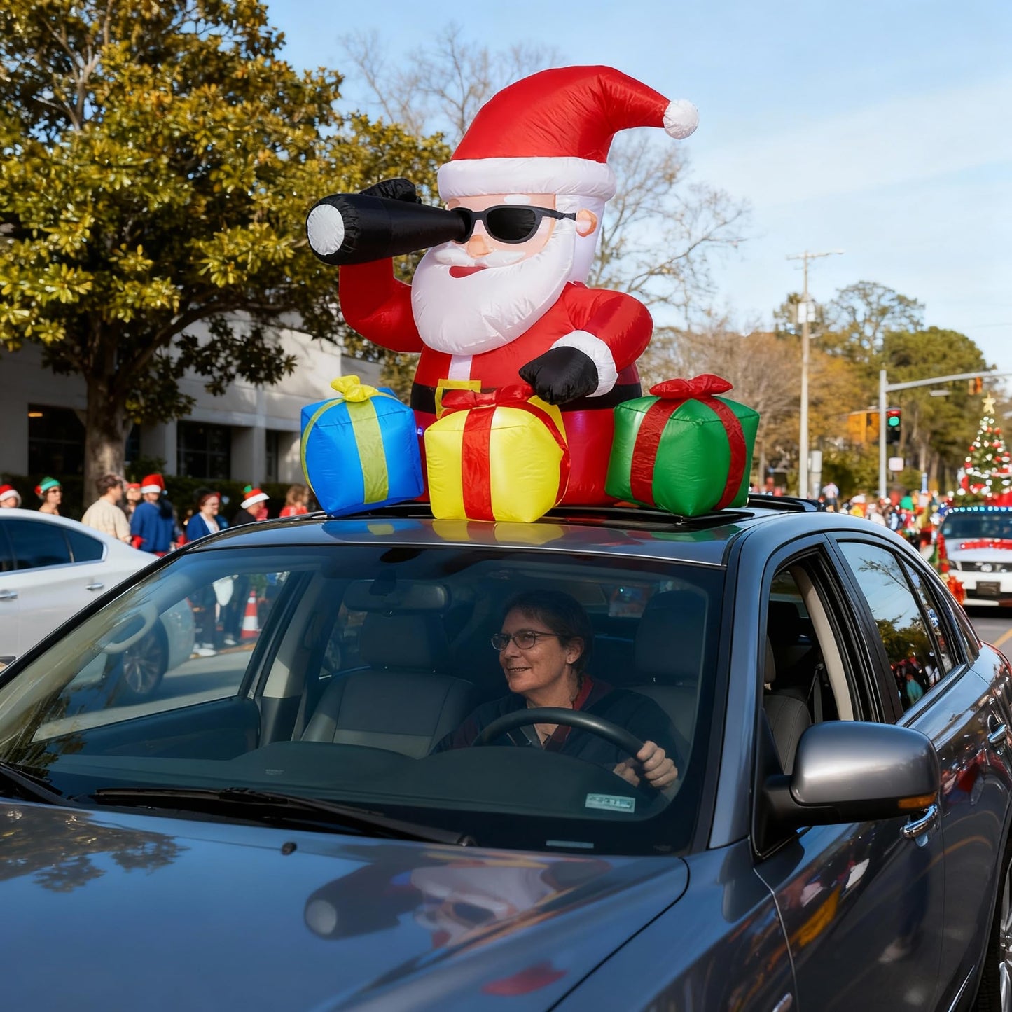 5 FT Christmas Rooftop Inflatable Santa with Telescope & Lighted Gift Boxes for Cars, SUVs, Trucks & Golf Carts, Blow Up Yard Decoration for Lawn, Garden & Indoor Holiday Display