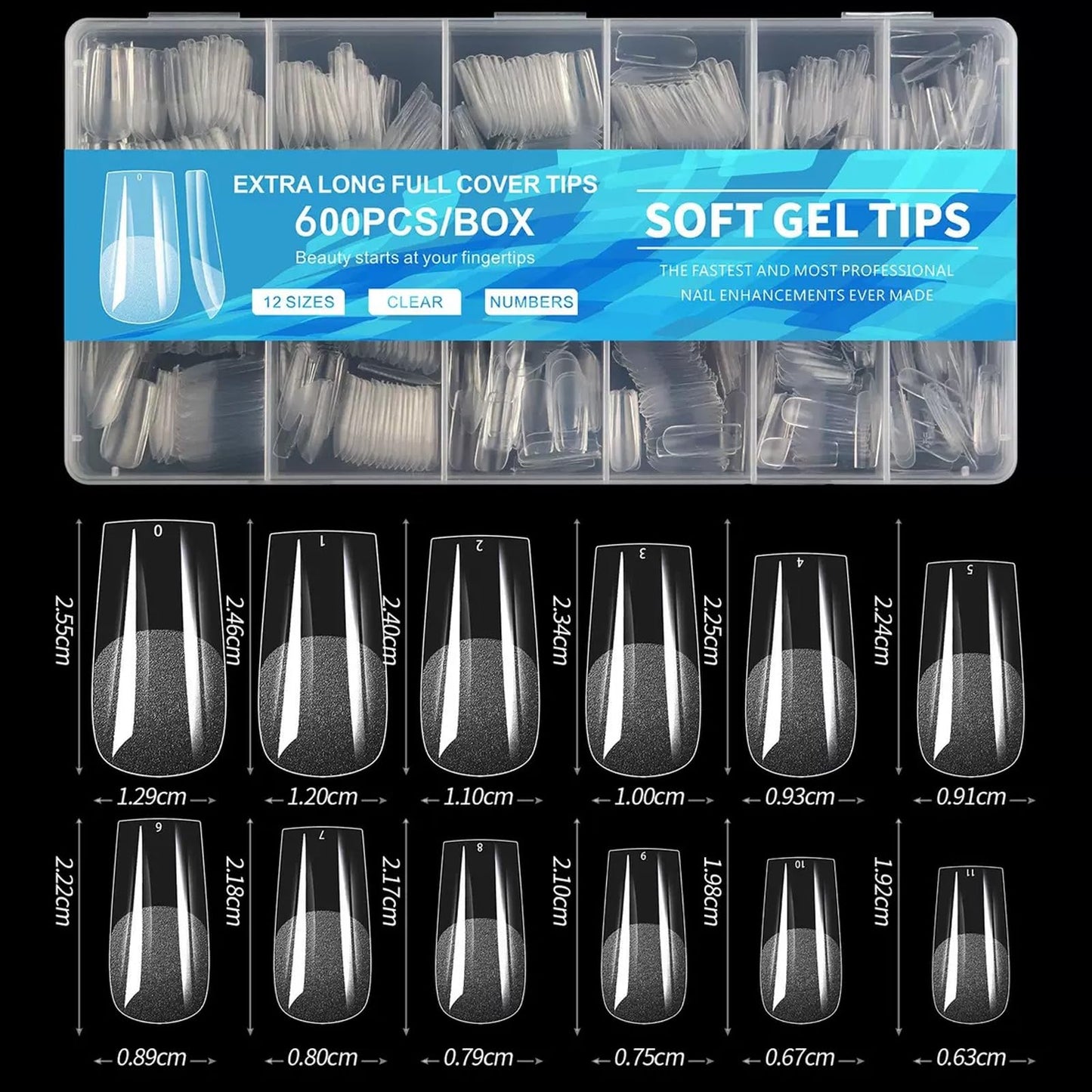 Medium Long Square Nail Tips, 600pcs Soft Nail Gel Tips Pre-Shaped Acrylic Fake Nails, Half Matte Full Cover Clear Jelly Press on False Nail Tips for Extension Nail Manicure Home DIY 12 Sizes