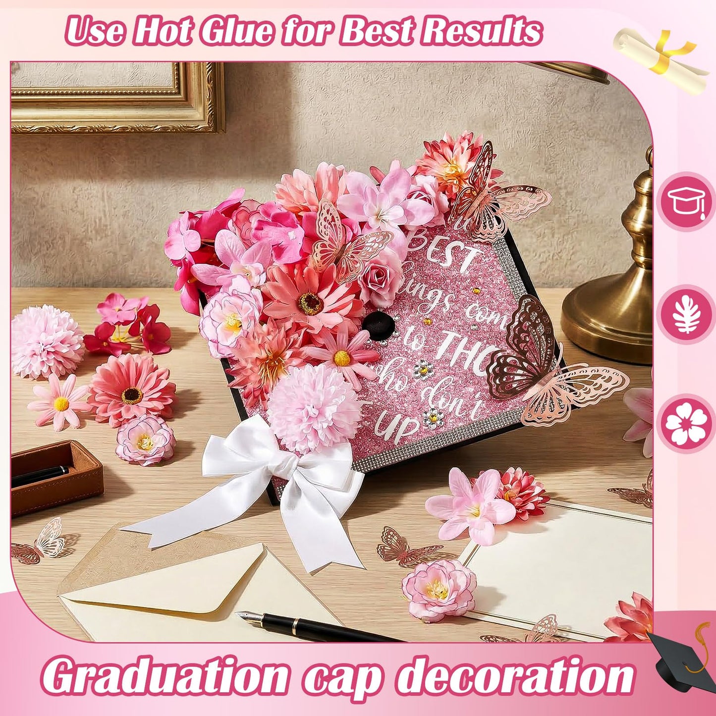 Dunzoom 40 Pcs DIY Graduation Cap Decorations Kit Artificial Flowers Inspirational Cardstock 3D Butterfly Stickers Ribbon Bow Rhinestone Stickers for Grad Cap Topper Graduation Party(Pink)