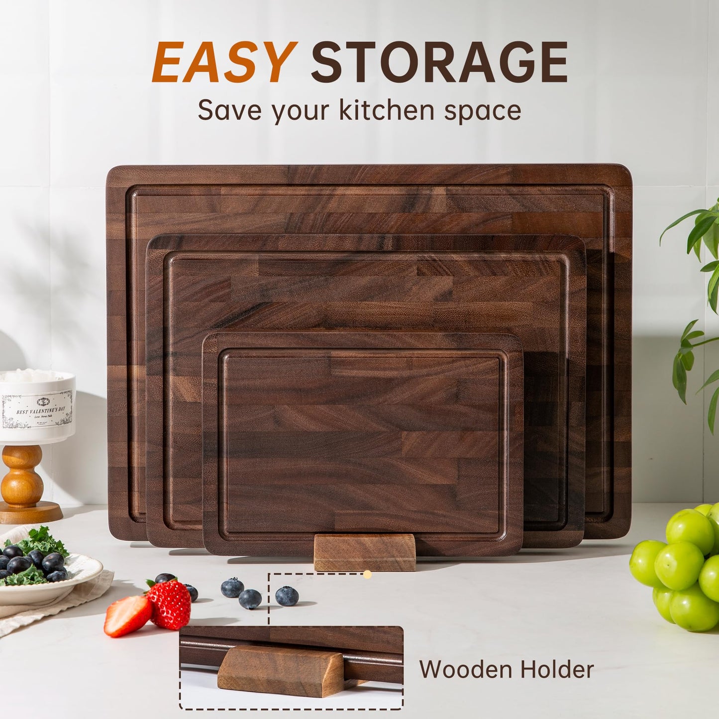 THETCHRY Walnut Wood Cutting Board Set, End Grain Cutting Boards for Kitchen with Handle, Non Toxic Wooden Charcuterie Boards Double Sided, Butcher Block for Meal Prep & Serving with Gift Box