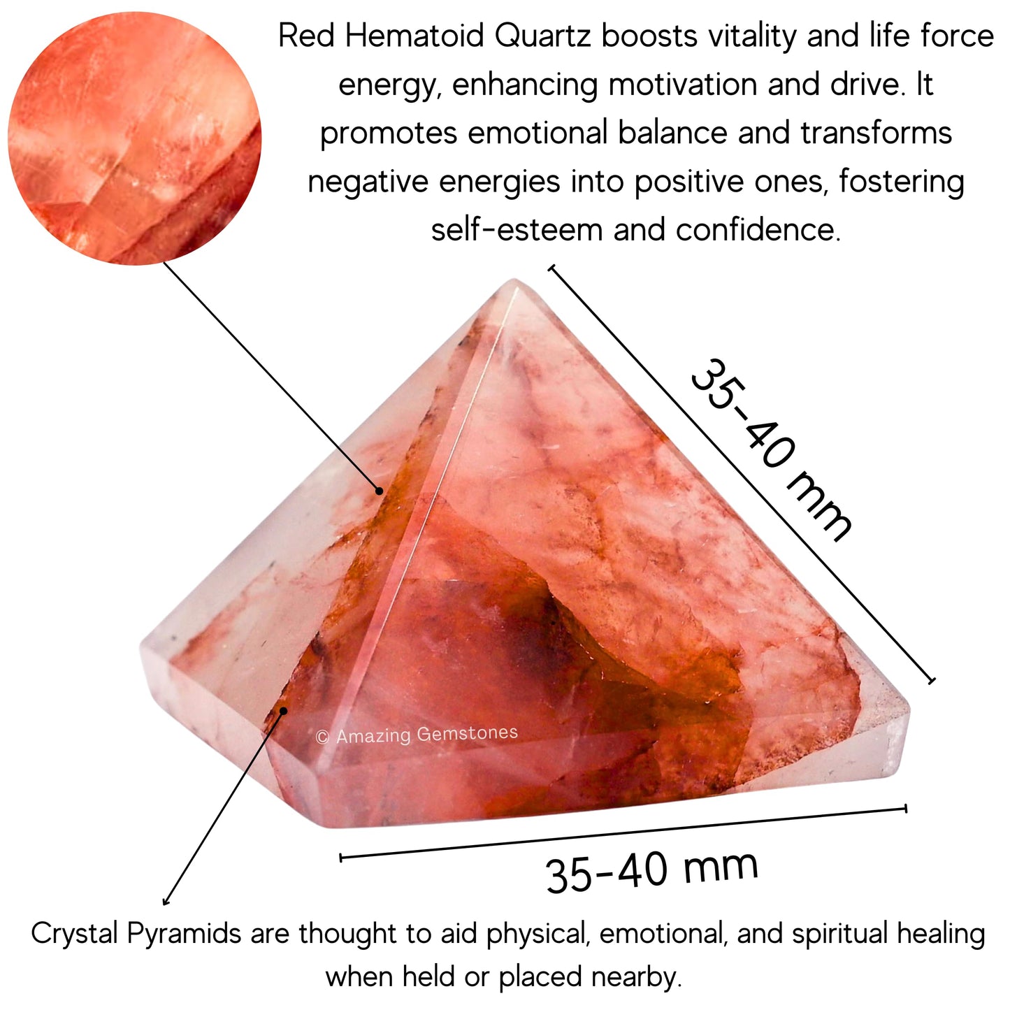 Amazing Gemstone Red Hematoid Quartz Pyramid Crystal Healing Stones - 1.5" Great Pyramid Figurine of Natural Stone Pyramid for Meditation, Reiki, Chakra Balancing and Crystal Pyramids Grid