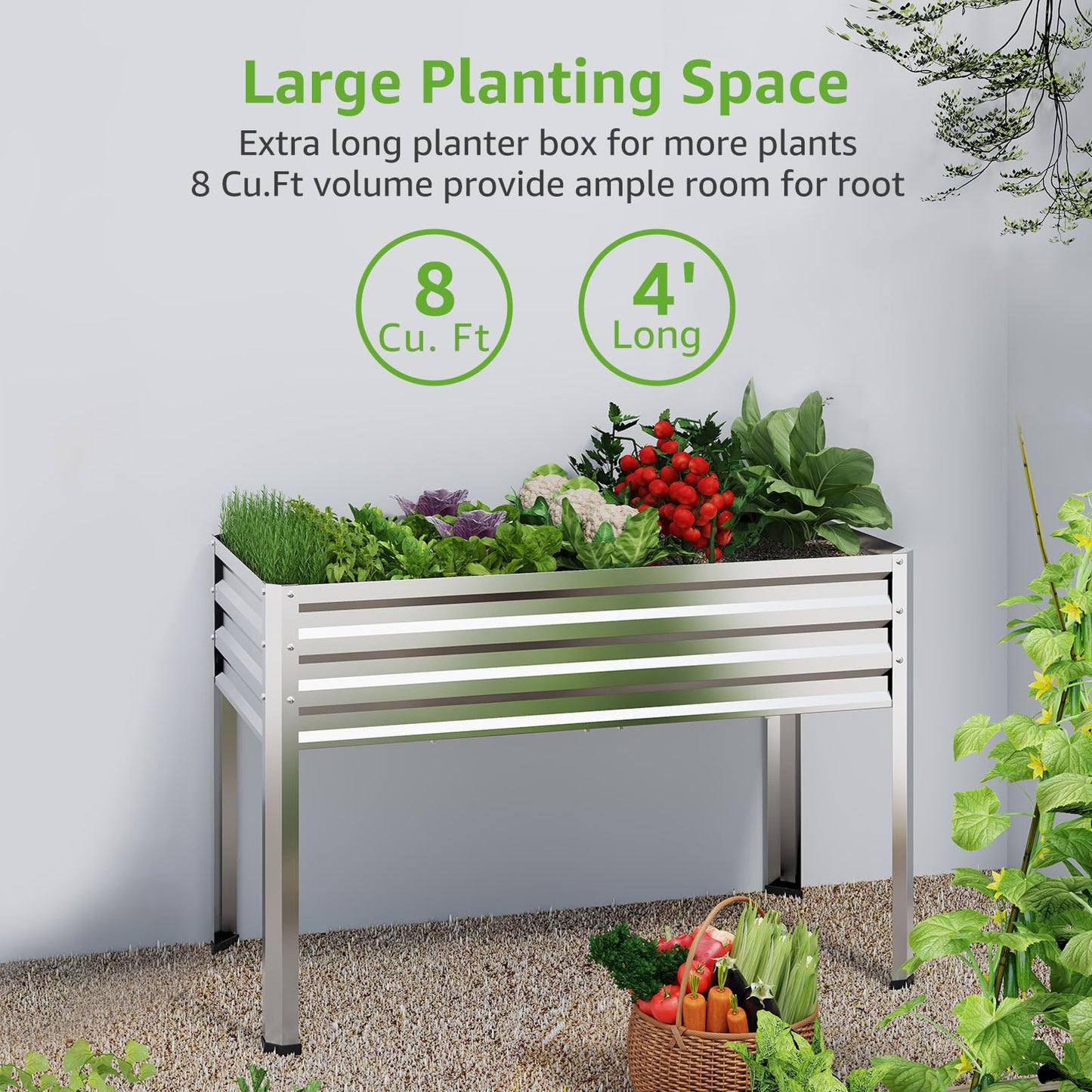 FOYUEE Galvanized Raised Garden Bed with Legs, 48 gallons, 48"x24"x32" Large Metal Elevated Planter Boxes with Drainage Holes,for Vegetables, Flowers, Backyard, Patio, Balcony