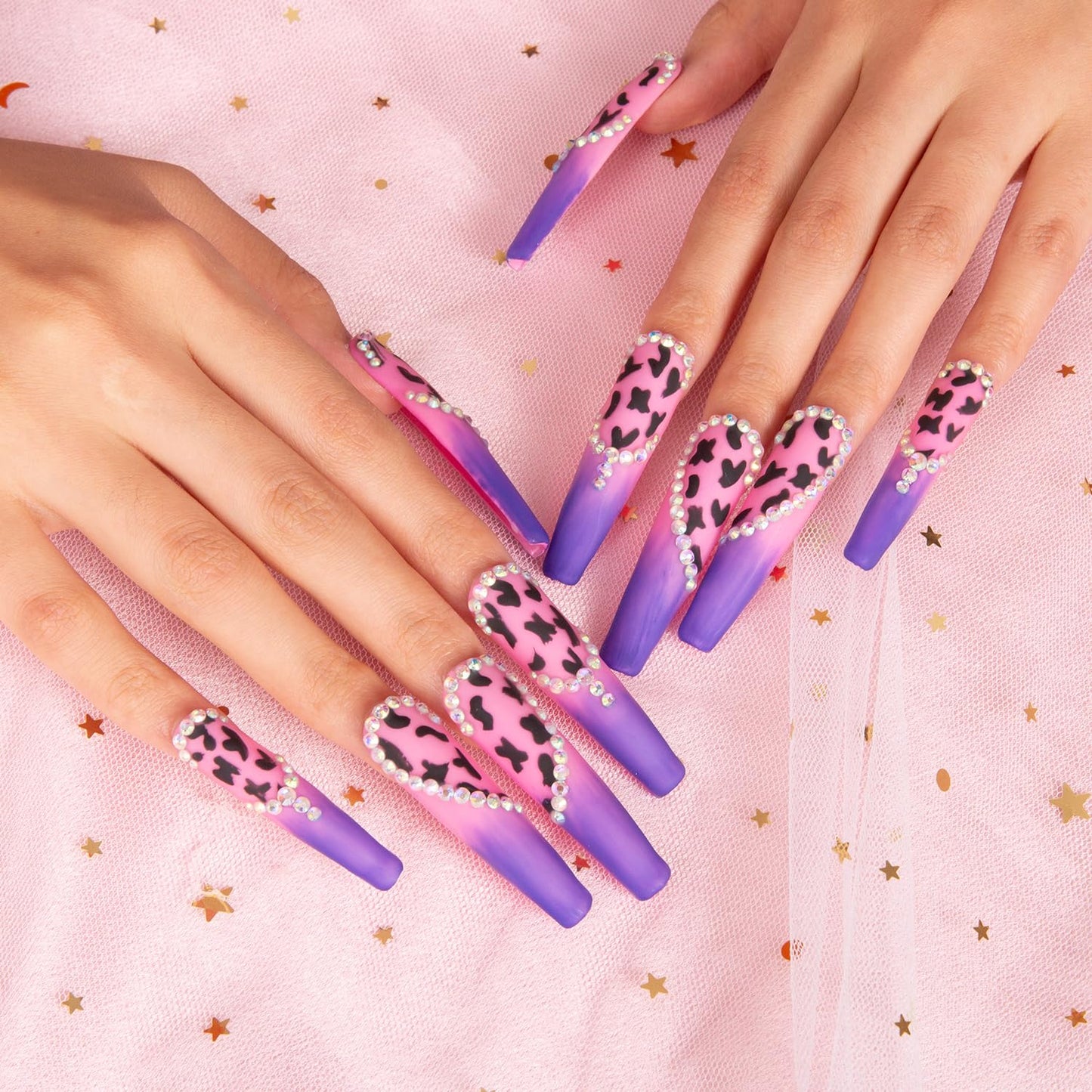 LOVFUL Press on Nails Boozy Lavender | Handmade with Full Covered Crystals | Reusable Full Cover Nails | Coffin Long 2.2 in | H211-S