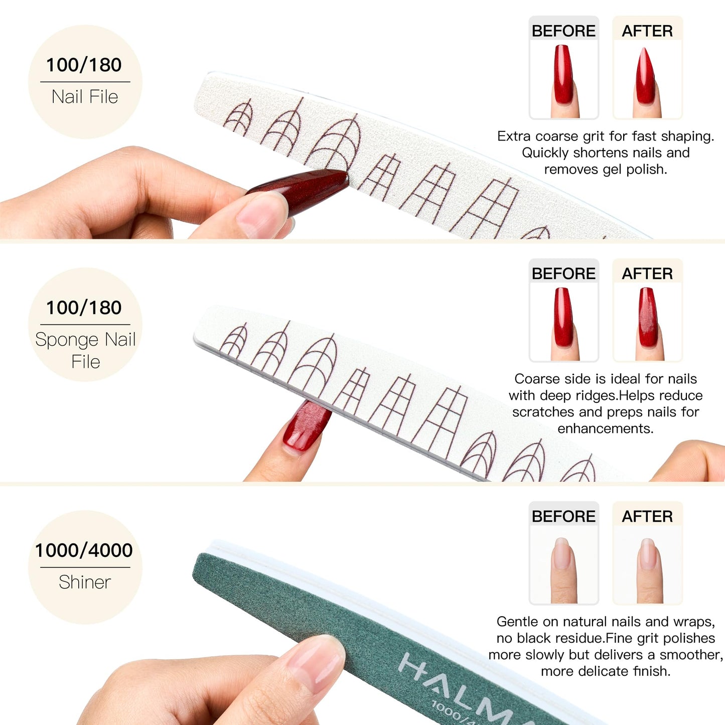 HALMAI 7PCS Professional Nail File & Buffer Kit,100/180 Grit - Reusable Double Sided Manicure Set with Nail Shiner, Sponge & Knife Files, for Natural, Acrylic Nails at Home or Salon