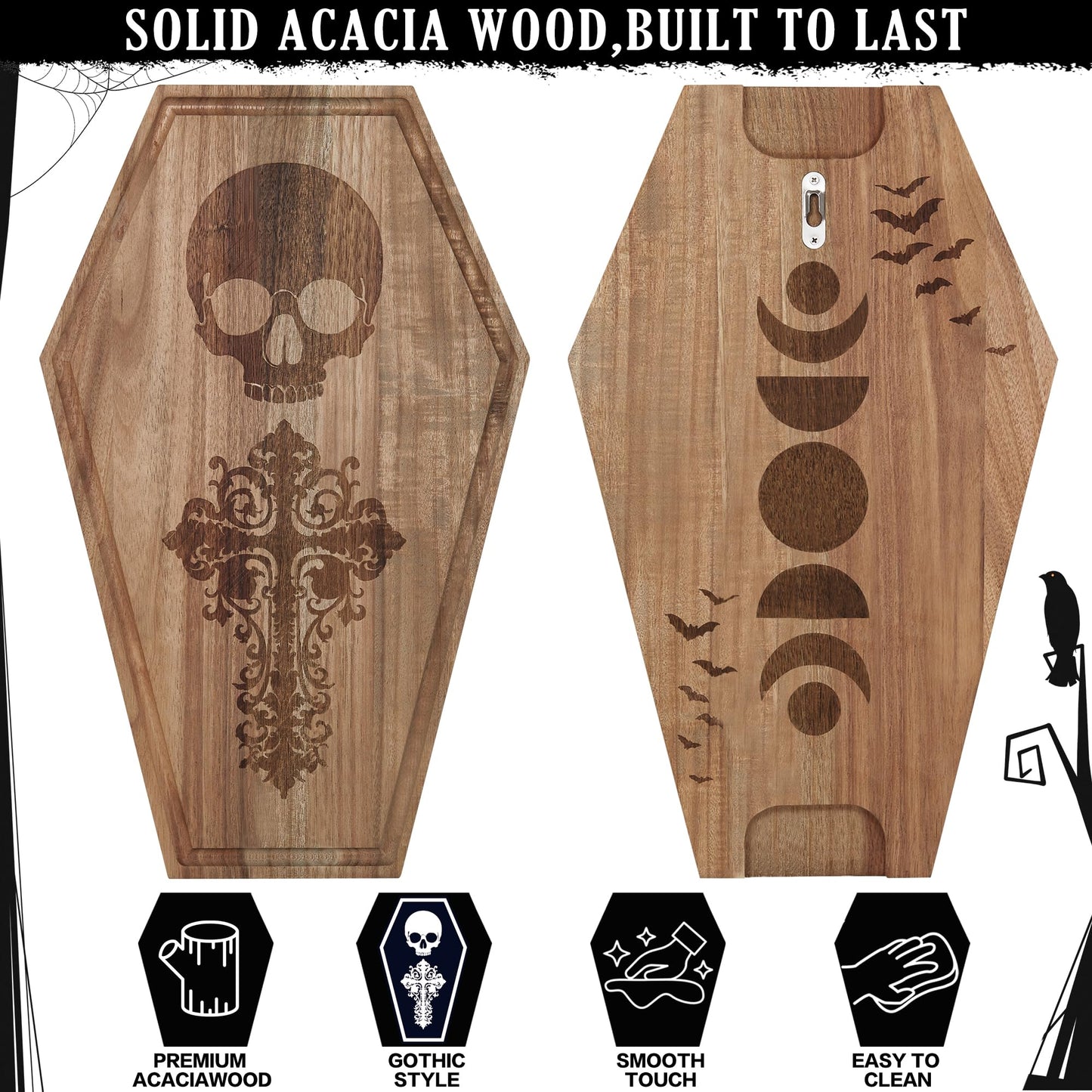 Halloween Coffin Charcuterie Board,Gothic Acacia Wooden Cutting Board for Kitchen Food Display,Skeleton Pattern Serving Tray,Goth Party Decor,Spooky Platter Gifts,17×10.5 Inch