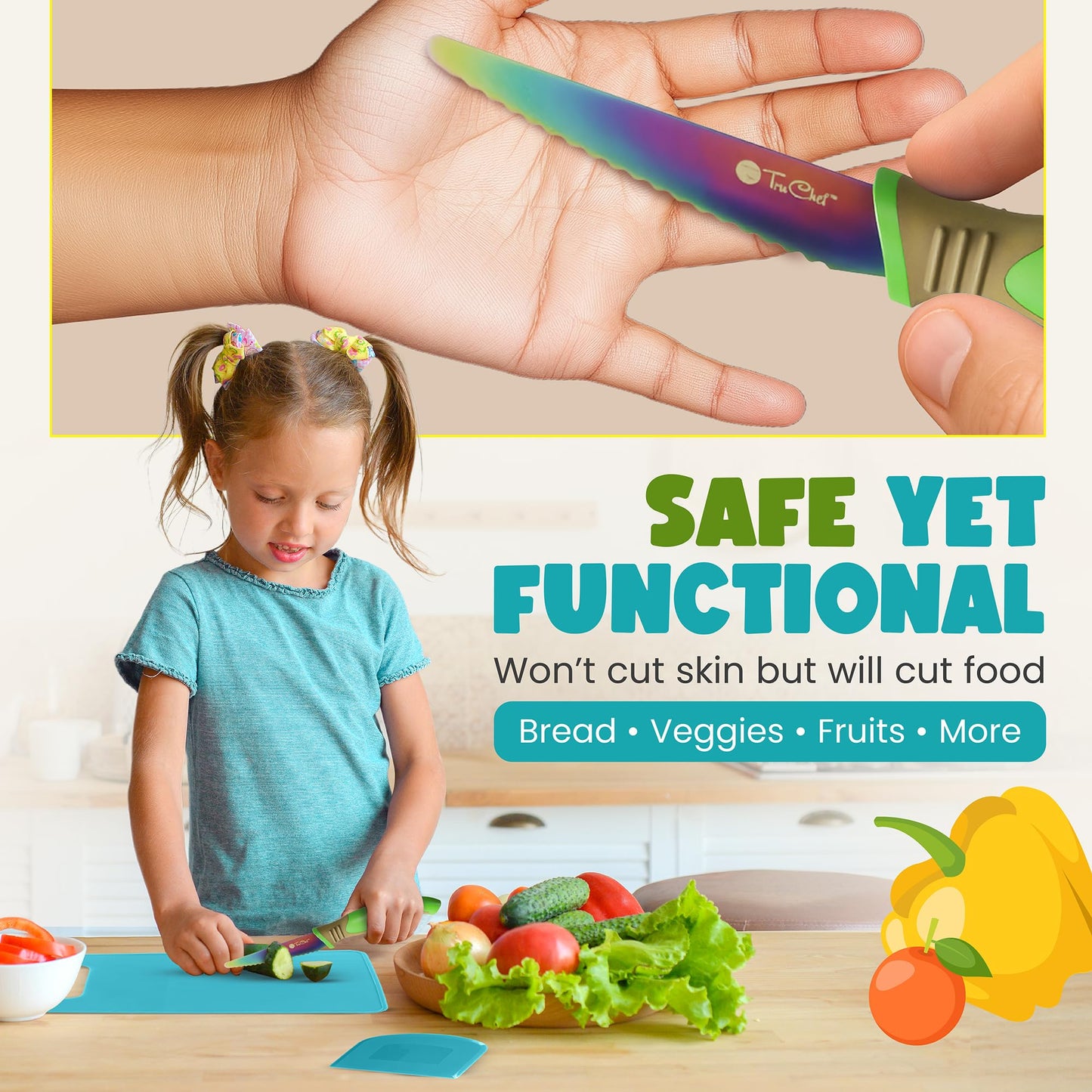 TruChef Kids Knife Set for Real Cooking | Skin Safe Chef Set for Ages 3+ with Rainbow Blades, Cutting Board, Scraper, Recipe Cards | Jr Chef Cooking Gift for Teens & Kids (16 Pcs)