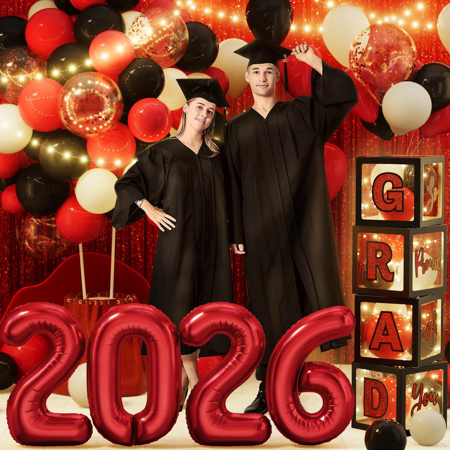 Ecomore Graduation Party Decorations Class of 2026 - 86 PCS Grad Party Supplies Includes LED Light Strings Balloon Block Boxes with Letters Foil Curtains Backdrop 2026 Balloon Garland Kit - Black Red
