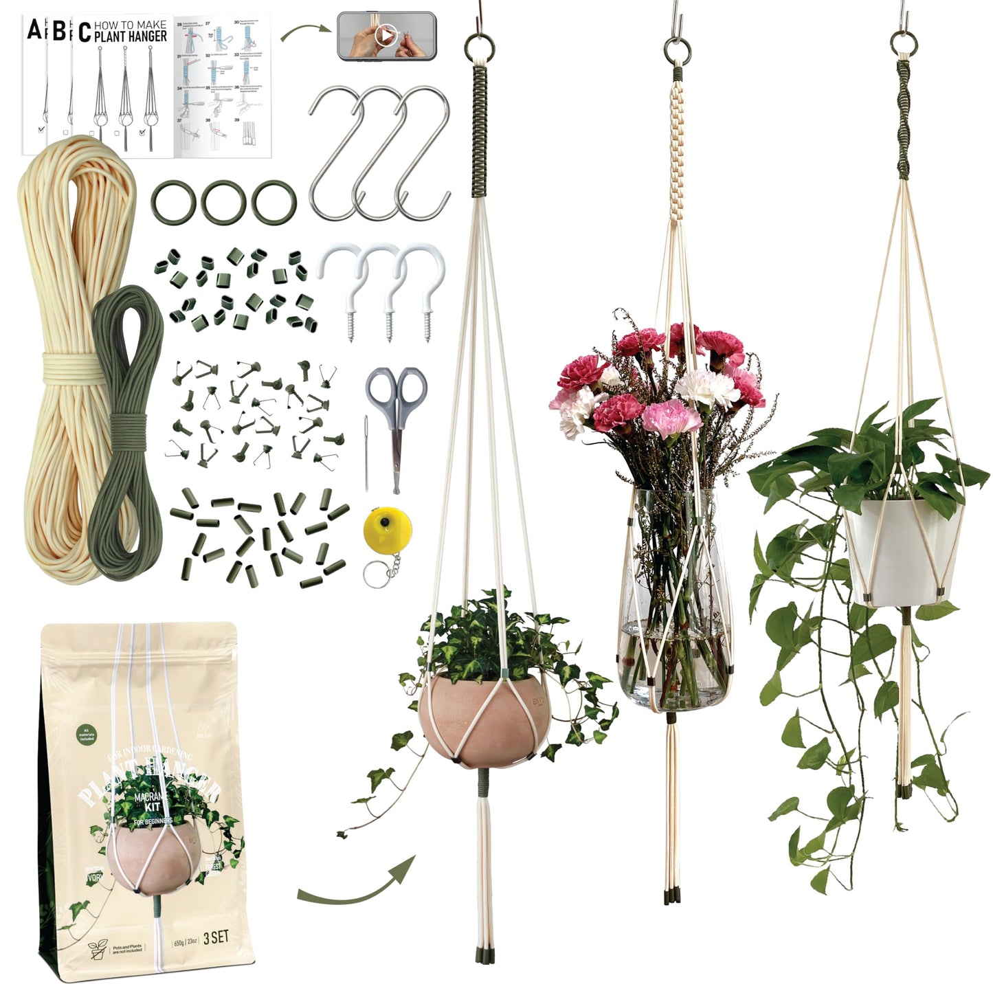 LET BE Macrame Kits for Beginners, 3 Set of Plant Hangers DIY Kit: Braided Polyester Ropes 50yds*5mm Ivory, 20yds*2mm Forest Green, 60+Pcs Supplies with Step-by-Step Easy Instructions (IVGR)