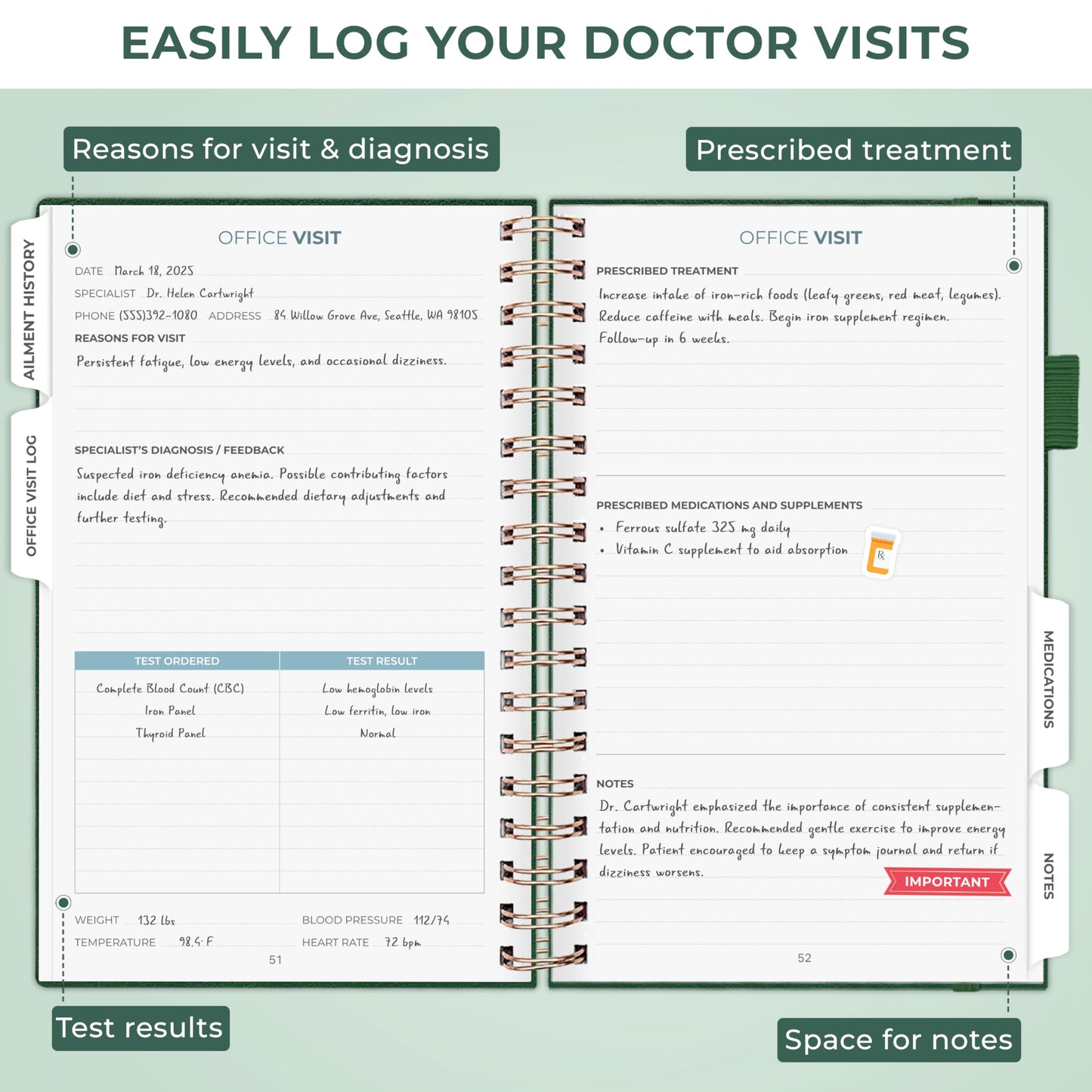 Clever Fox Personal Health Record Keeper – Medical Care Planner – Wellness & Medication Tracker Journal for Patients – Organizer Notebook, Daily Tracking Log Book & Appointment Diary (Forest Green)