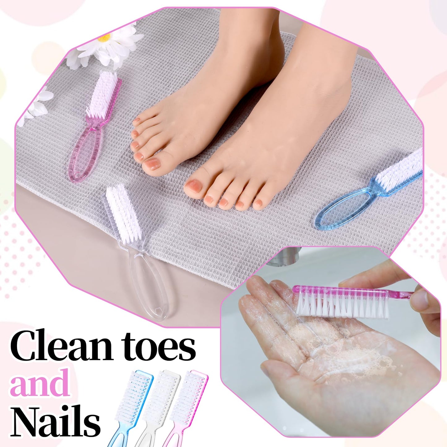 60 PCS Nail Scrubber Brush Set, Handle Grip Nail Brush Bulk Fingernail Scrubber, Pedicure Cleaning Brushes for Toes and Fingernails Cleaning, 3 Colors