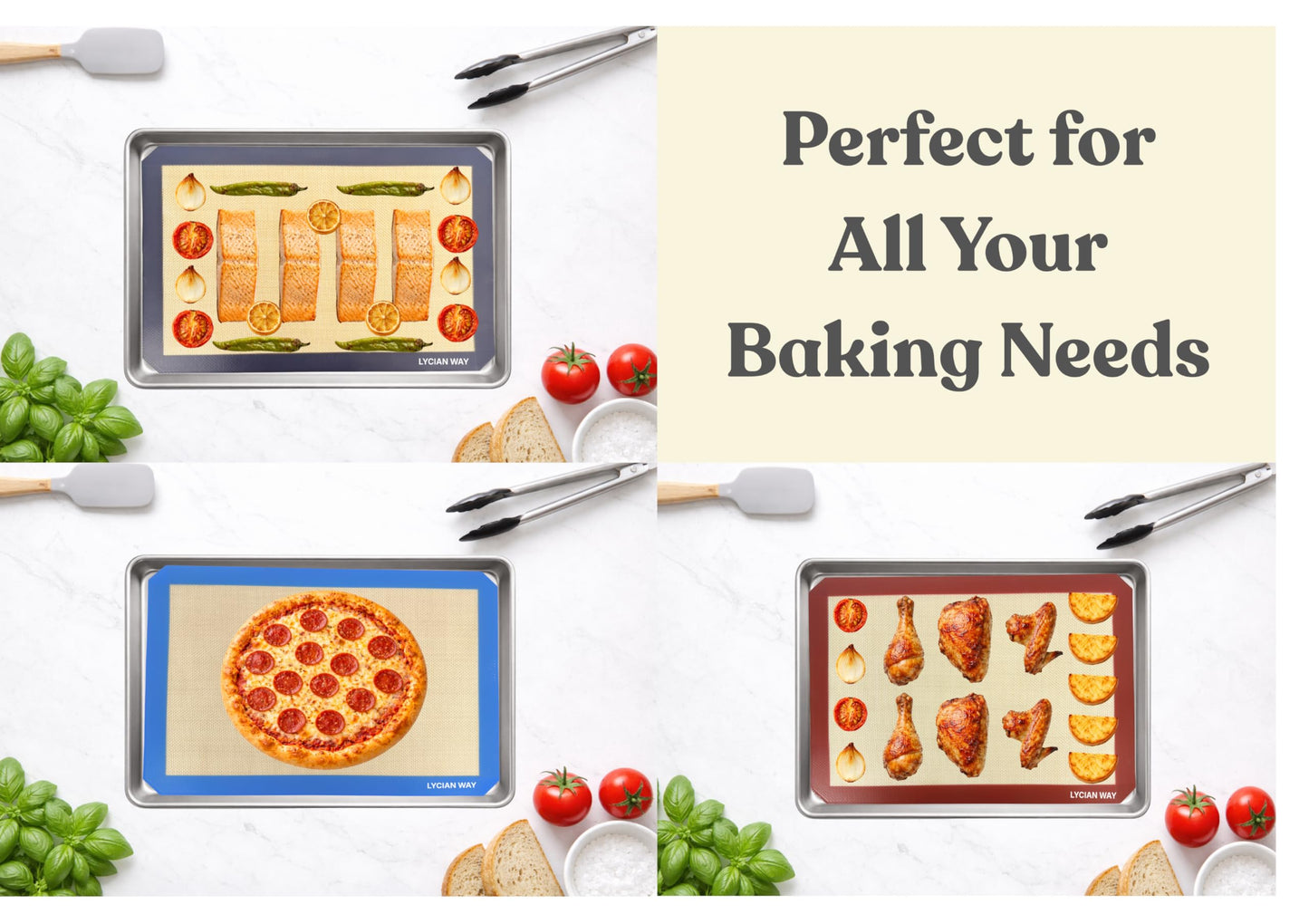LYCIAN WAY Silicone Baking Mats Set of 2, Half Sheet Nonstick Reusable Baking Sheet Liners for Cookies, Macarons, Bread, Pizza, Pastry, Red