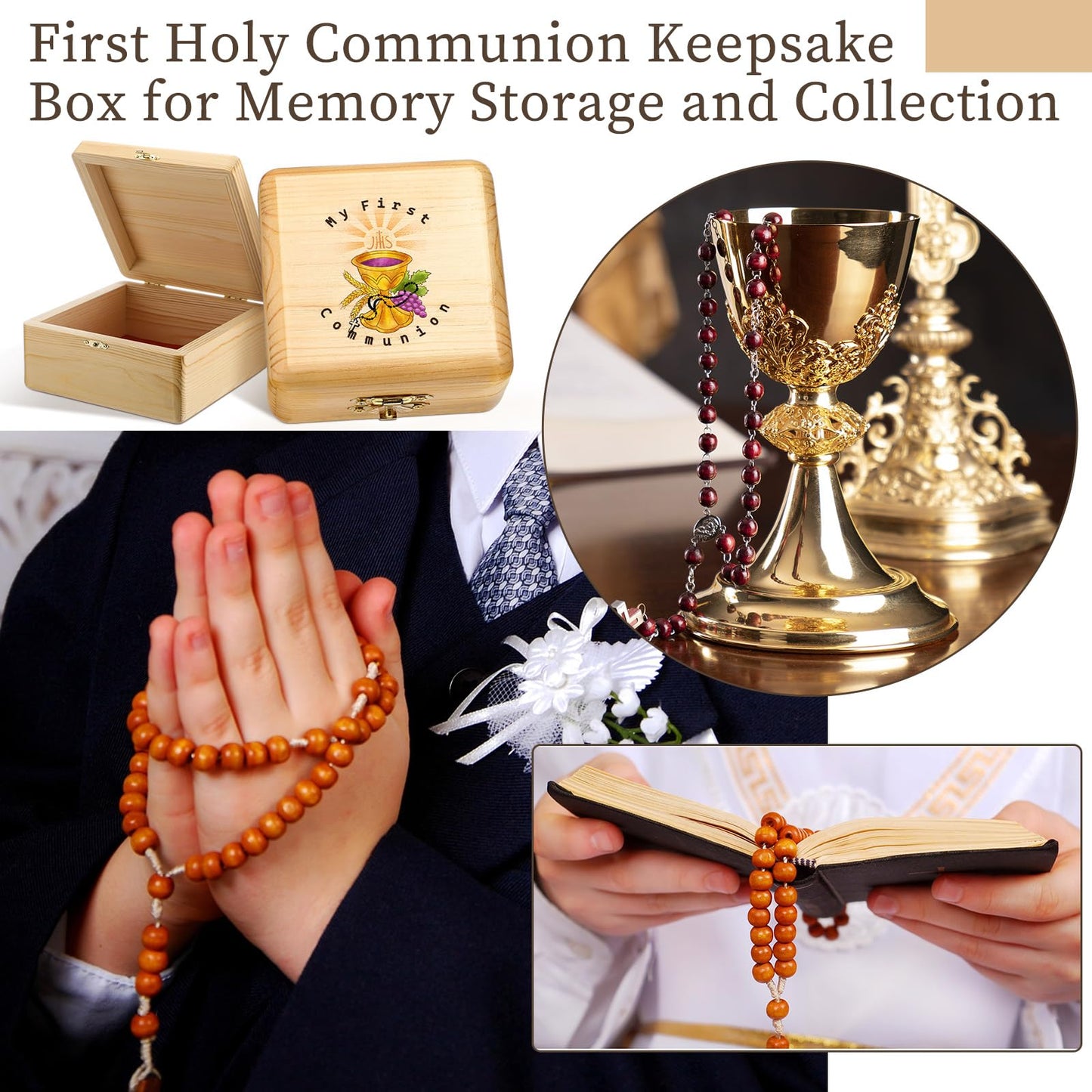 Wonderjune First Communion Wooden Keepsake Box First Holy Communion Gift Cross Rosary Jewelry Box Baptism Gift Memory Storage Box(7.7 x 7.7 x 4 Inches)