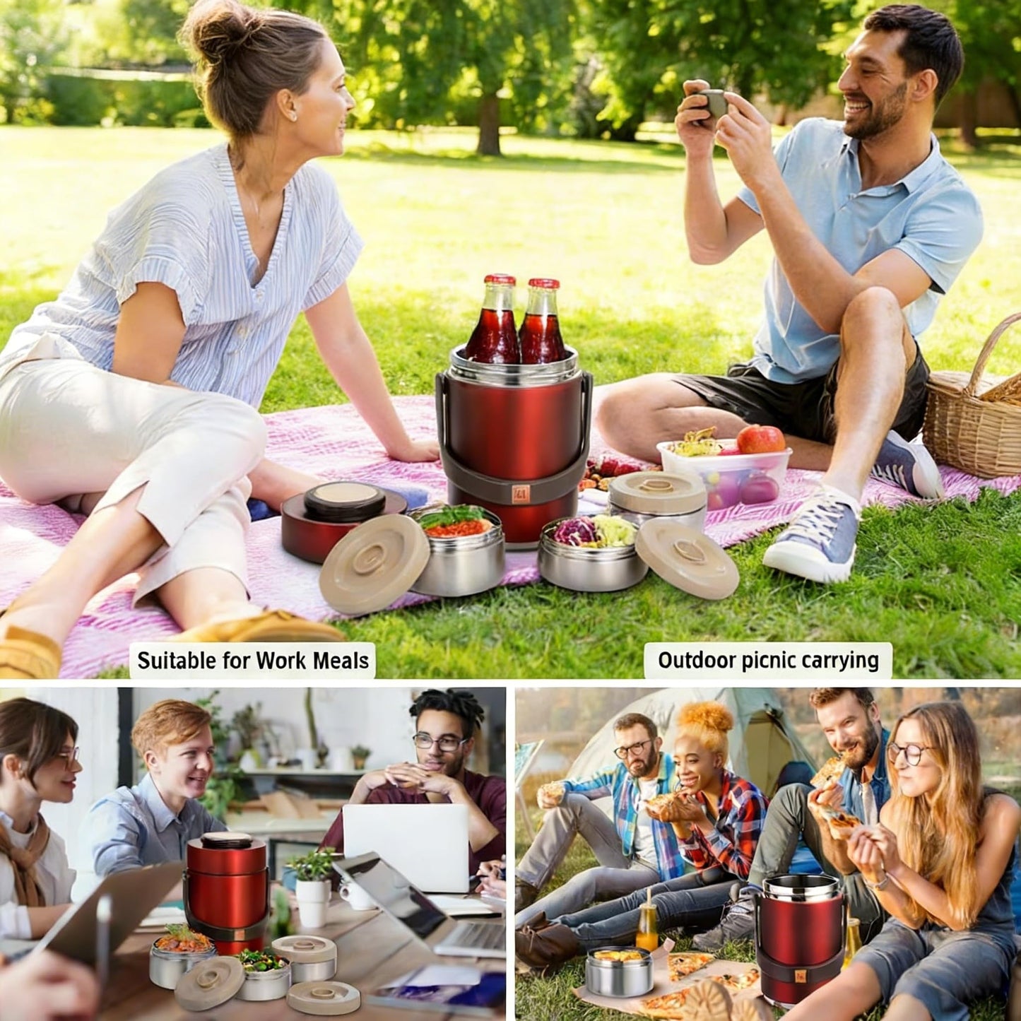 Pawovdeq 67oz Thermo for Hot Food,3-Layer Sealed Stackable Food Thermo,with Lunch Bag Soup Thermo,It Is Suitable for Daily Office Meals and Outdoor Meals (67 oz Red)