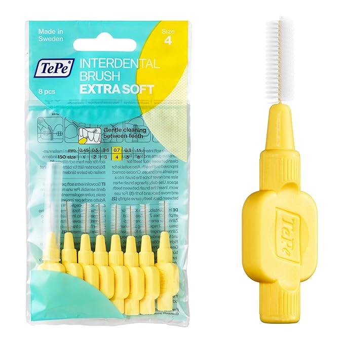 TePe Interdental Brush Extra Soft, Supersoft Dental Brush for Teeth Cleaning, Pack of 8, 0.7 mm, Medium Gaps, Yellow, Size 4