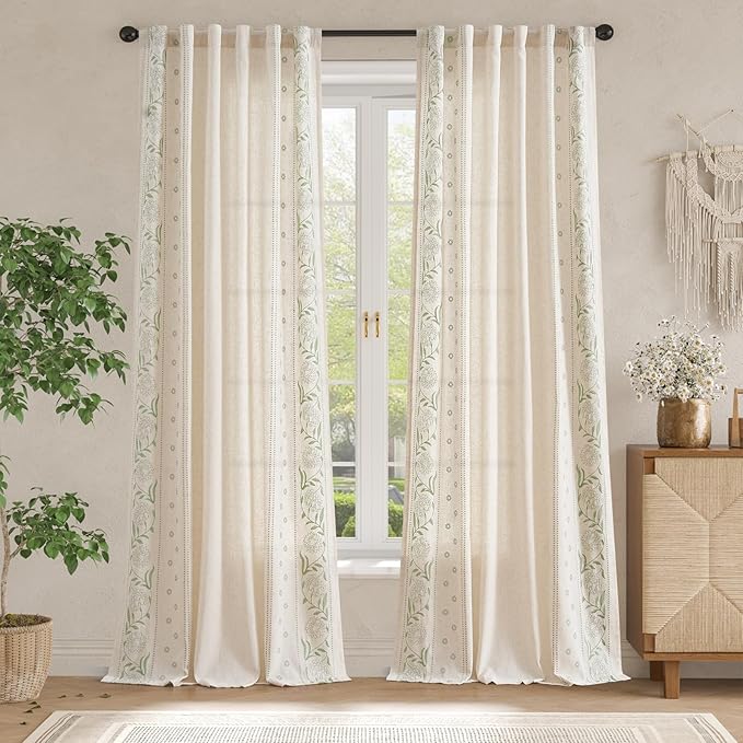 jinchan Winslow 4 Panel Curtains Set 96 Inch Length Embroidered Bordered Floral Curtains for Living Room Farmhouse Decor Light Filtering Window Treatments Sage on Beige Drapes 4 Panels