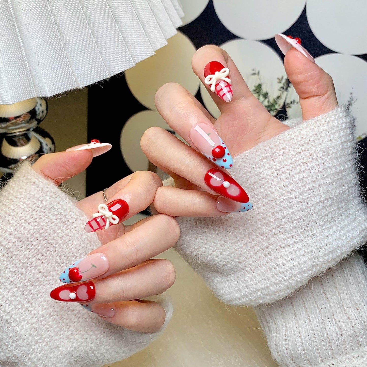Medium Press on Nails Almond - Handmade Fake Nails with 3D Bow Cherry Design - Red Full Cover Glue on False Nails for Women - (Size M)
