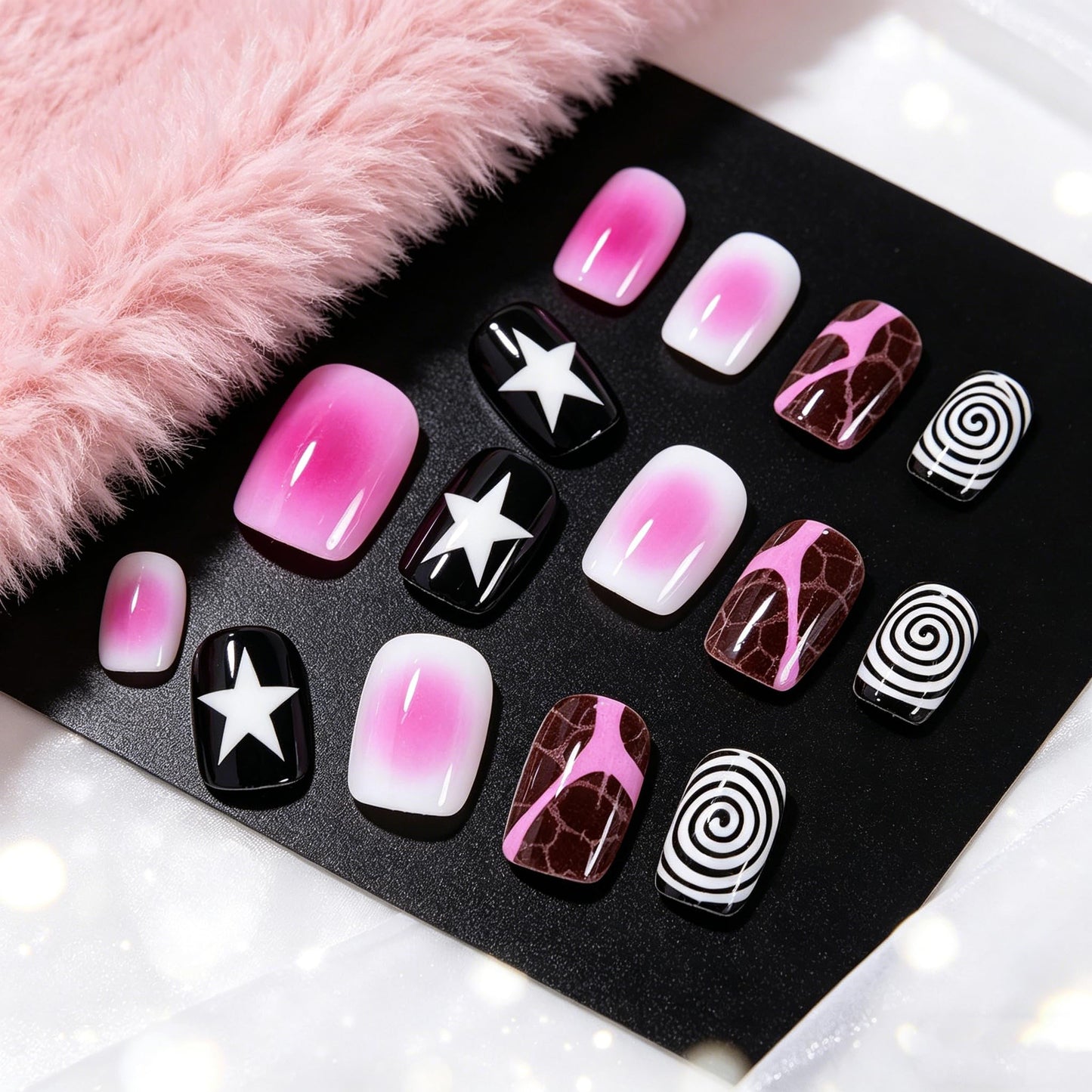 BABALAL Y2K Press On Nails, Short Square Fake Nails, Pink Ombre with Star Print, Black Brown Acrylic Stick On Nails for Women 24Pcs
