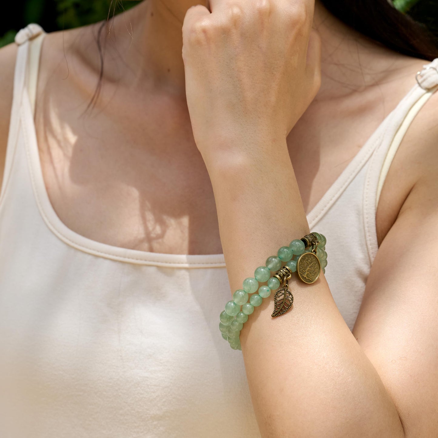 Bivei Natural Semi Precious Gemstone Beads Bracelet for Women - Life Tree and Leaf Charm Chakra Energy Anxiety Stretch Bracelets(Aventurine Bracelet Set)