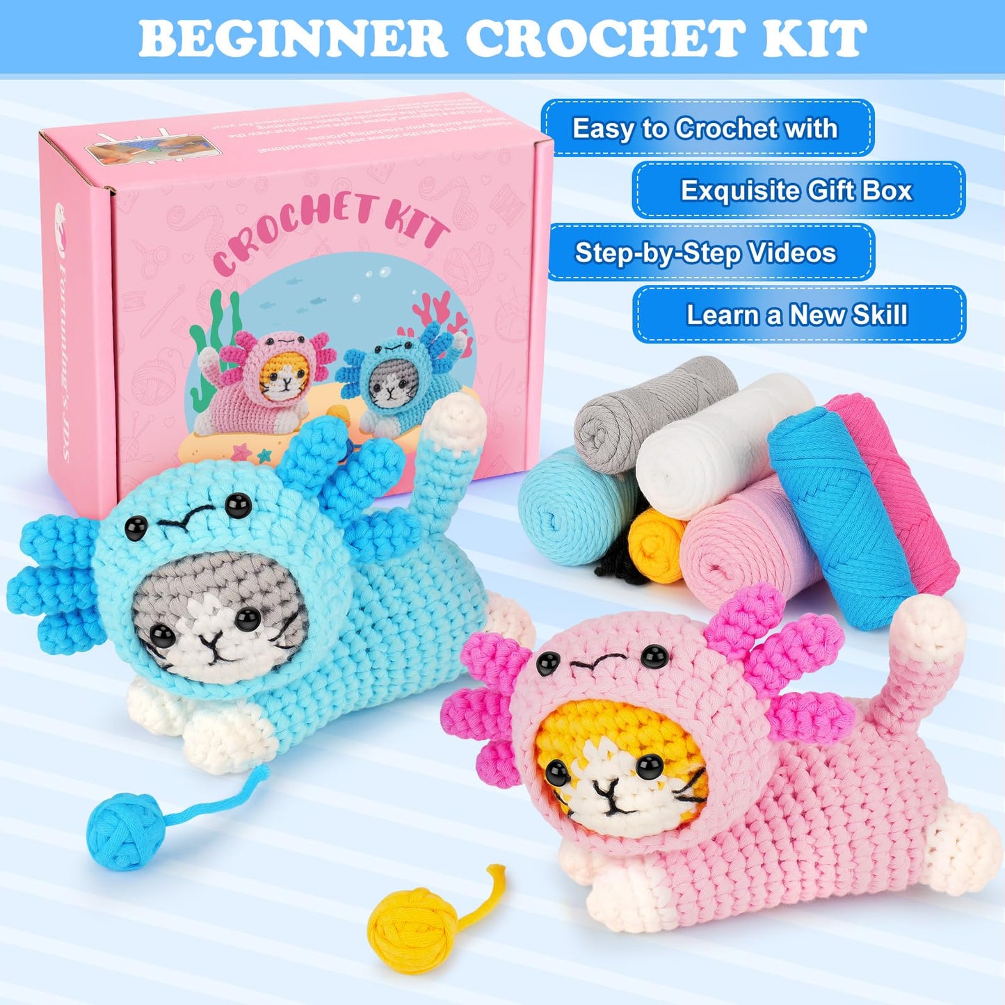 Crochet Kit for Beginners, Crochet Starter Kits for Adults Kids, Cat Dress in Axolotl Crochet Kit, Complete Crochet Animal Kit with Step-by-Step Video Tutorials, Gifts for Crocheting Lovers