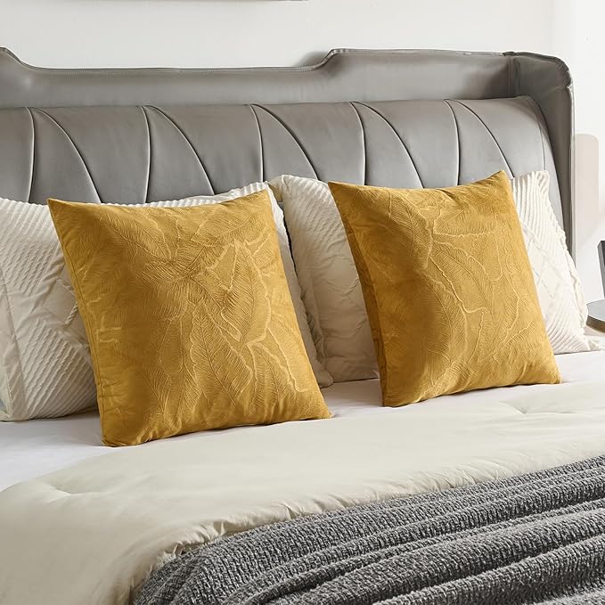 FUTEI Golden Yellow Velvet Throw Pillow Covers 22x22 Inch Set of 2,Soft Embossed Leaf-Relief Textured Cushion Cases,Natural Home Decor for Couch Living Room