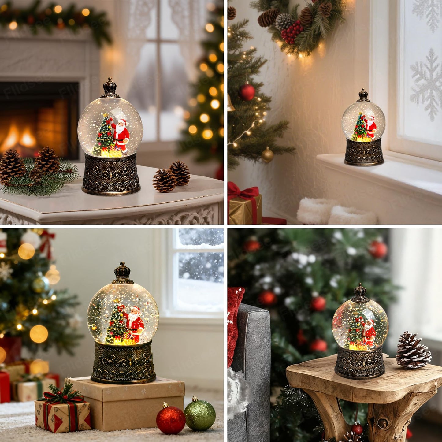 Flldsee Christmas Snow Globe Lantern, Glitter Musical Snowglobe Light with Timer, USB & Battery Powered Music Box, Santa Claus Christmas Tree Gifts, Holiday Decorations Indoor Home Decor