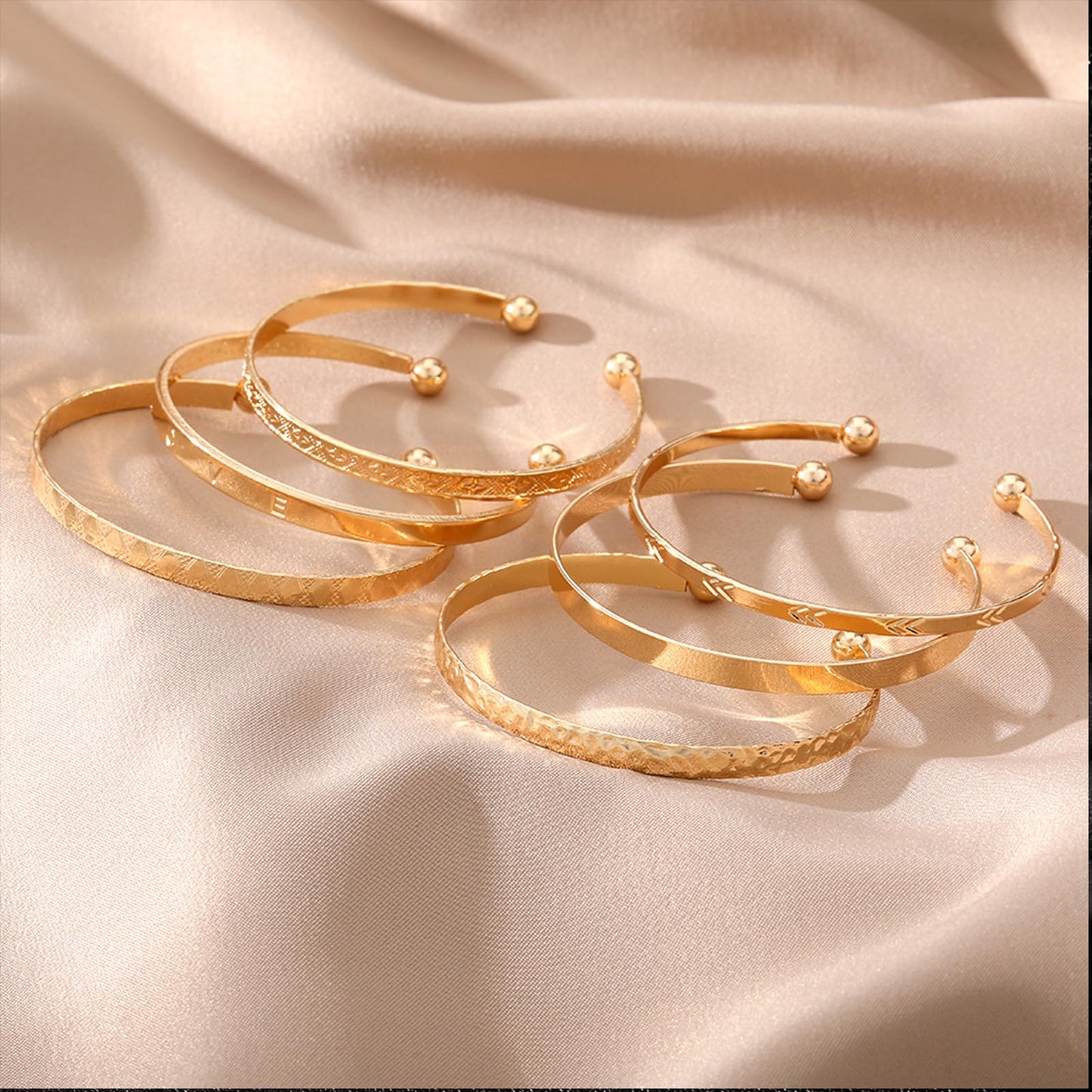 IFKM Gold Bangle Bracelets For Women, 14k Gold Plated Multi Layer Stackable Cuff Bracelet Set, Trendy Elegance Charms Non Tarnish Minimalist Textured Boho Jewelry Gift (6pcs Love)