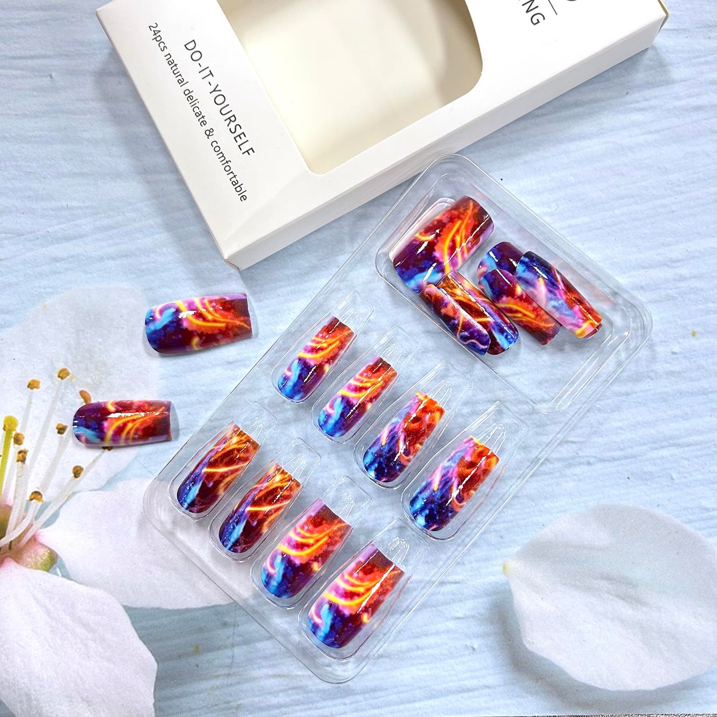 Press On Aurora Flame Stripe Red Blue Lightning Design Square False Nails - Artificial Full Cover Acrylic Coffin Reusable Glue on DIY Stick on Nails for Women - 24Pcs