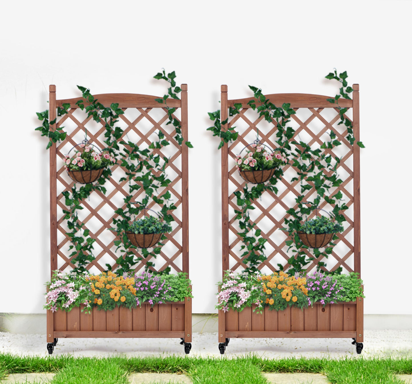 Wood-Natrl Raised Garden Bed with Trellies 2 Pack, Outdoor Wooden Planter Box & Plant Stand with Climbing Racks