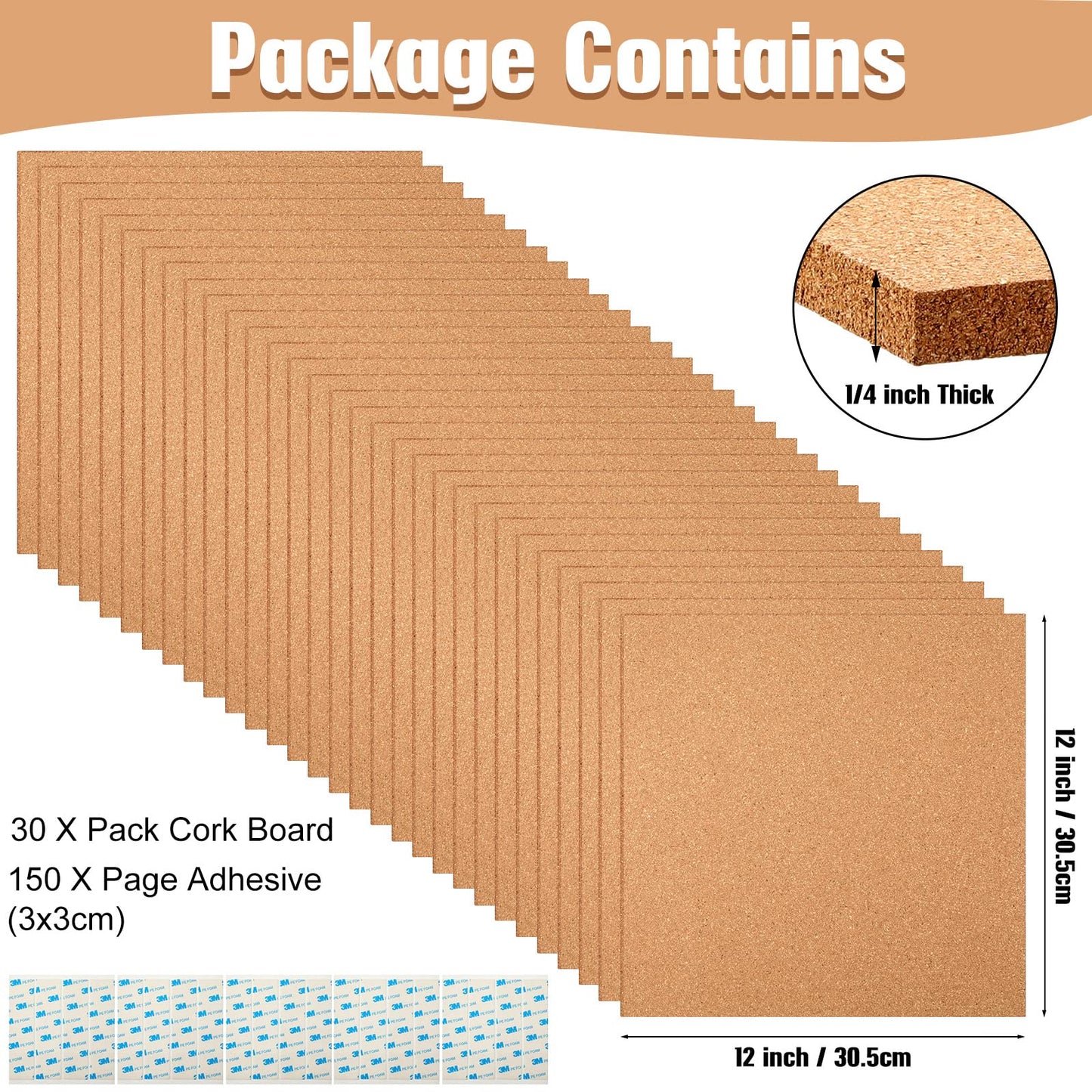 Kosiz 30 Pack Cork Board Square 12" x 12", 1/4" Thick Cork Board Tiles Bulk for Wall Self Adhesive Bulletin Corkboards Tiles Sheet for Wall School Office Home Decoration