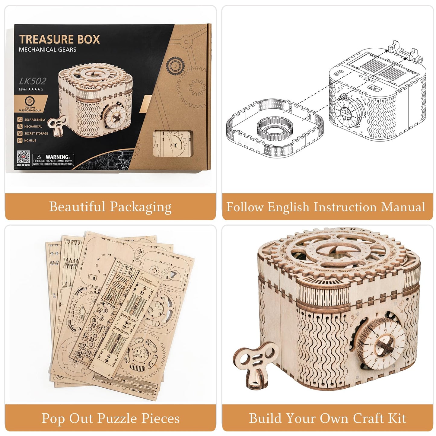 Rowood 3D Puzzles for Adults, Wooden Mechanical Gear Model Kits for Age 14+ - Treasure Box
