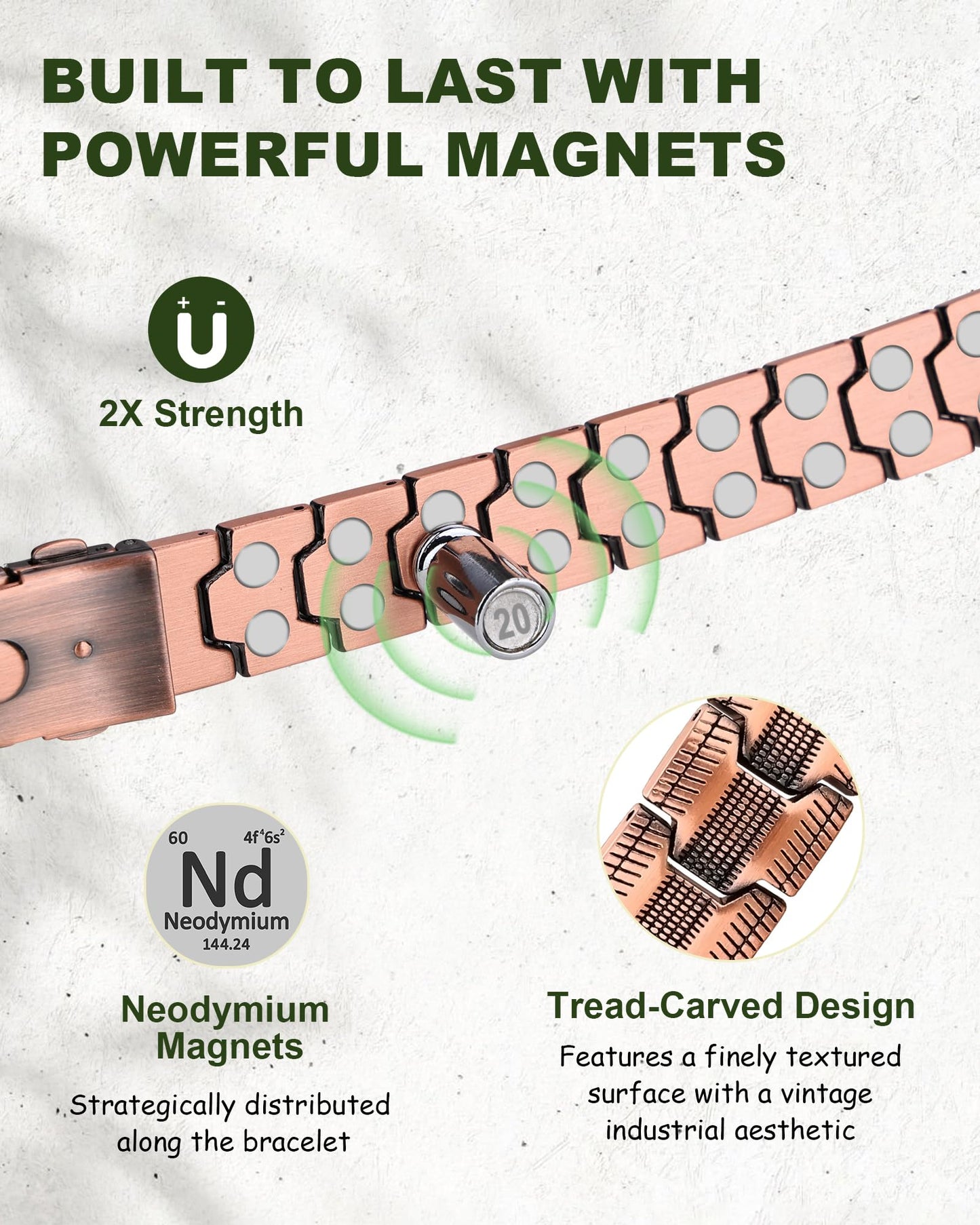 MagEnergy Copper Bracelet for Men, Strength Magnetic Bracelet with 3800 Gauss Magnets, 99.99% Copper, Adjustable Length with Sizing Tool, Premium Fold-Over Clasp