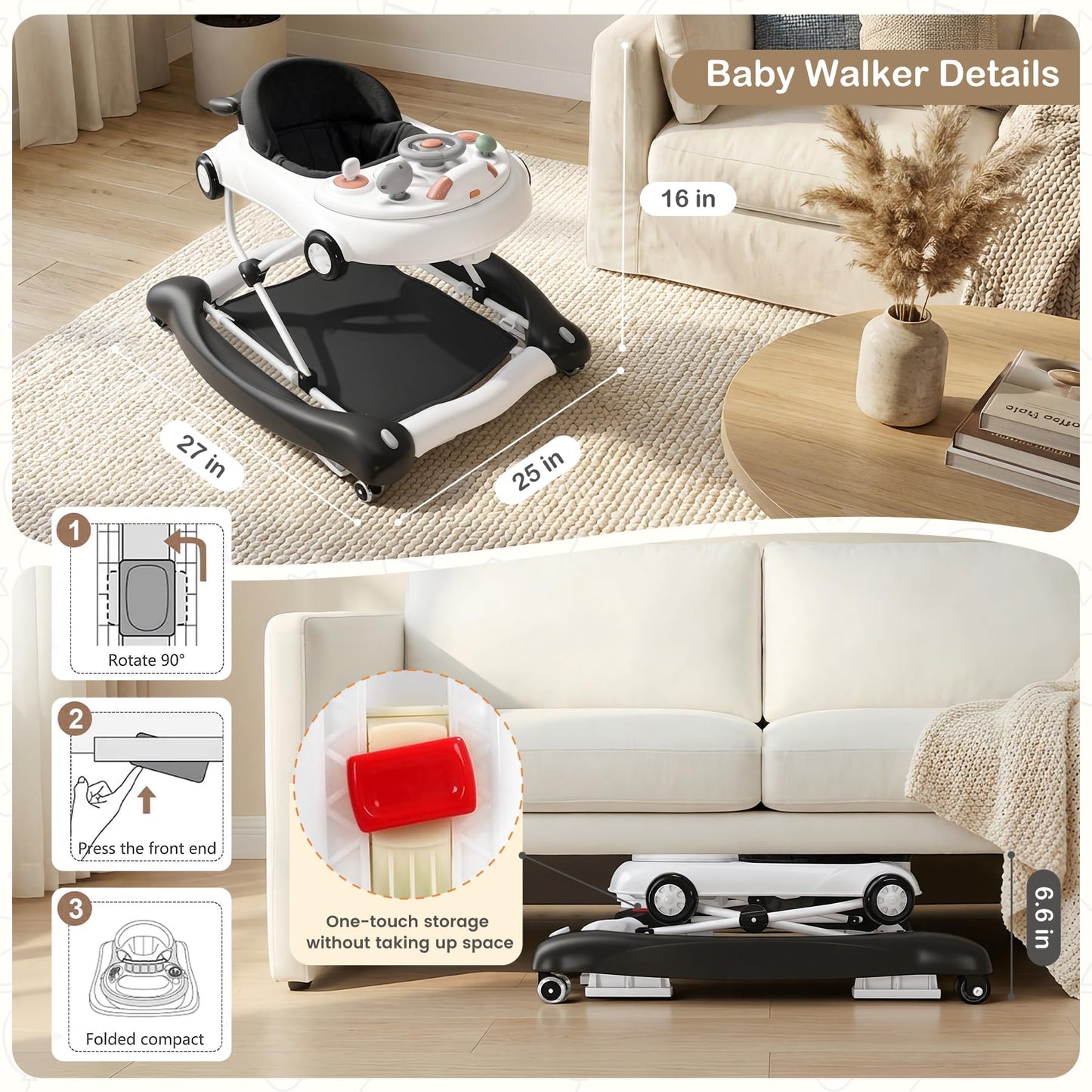 Baby Walker, 5-in-1 Baby Walker for Boys and Girls with Bouncer, Removable Footrest, Music, Foldable & Adjustable Speed Wheels Activity Walker for 6-18 Months Toddler Infant(Black)