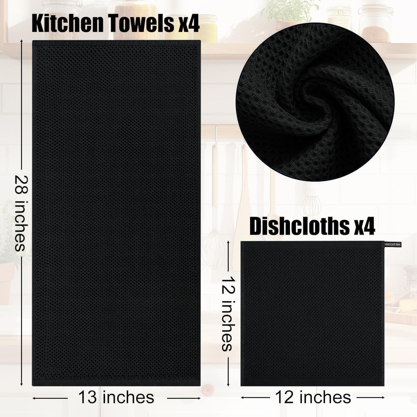 Kitinjoy 100% Cotton Kitchen Towels and Dishcloths Set, 8 Pack-13" x 28" and 12" x 12" Waffle Weave Dish Towels, Ultra Soft Absorbent Quick Drying Dish Rags, Black