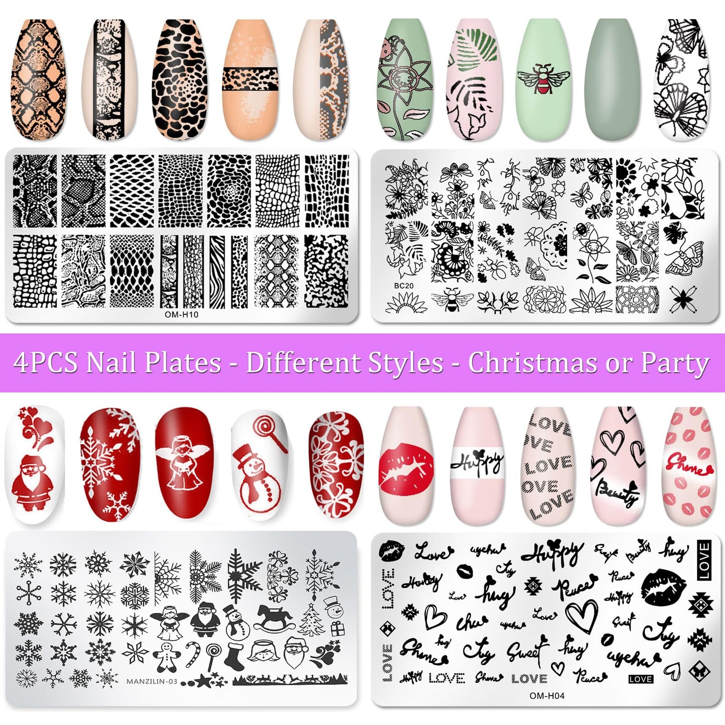 Nail Stamper Plate Kit, 4x Nail Stamping Plates +Dual-end Silicone Nail Art Stamper +Scraper, Snowflake & Spring Butterfly Flowers &Leopard Snake & Kiss Heart, DIY Design Manicure Salon Home, BlueZOO