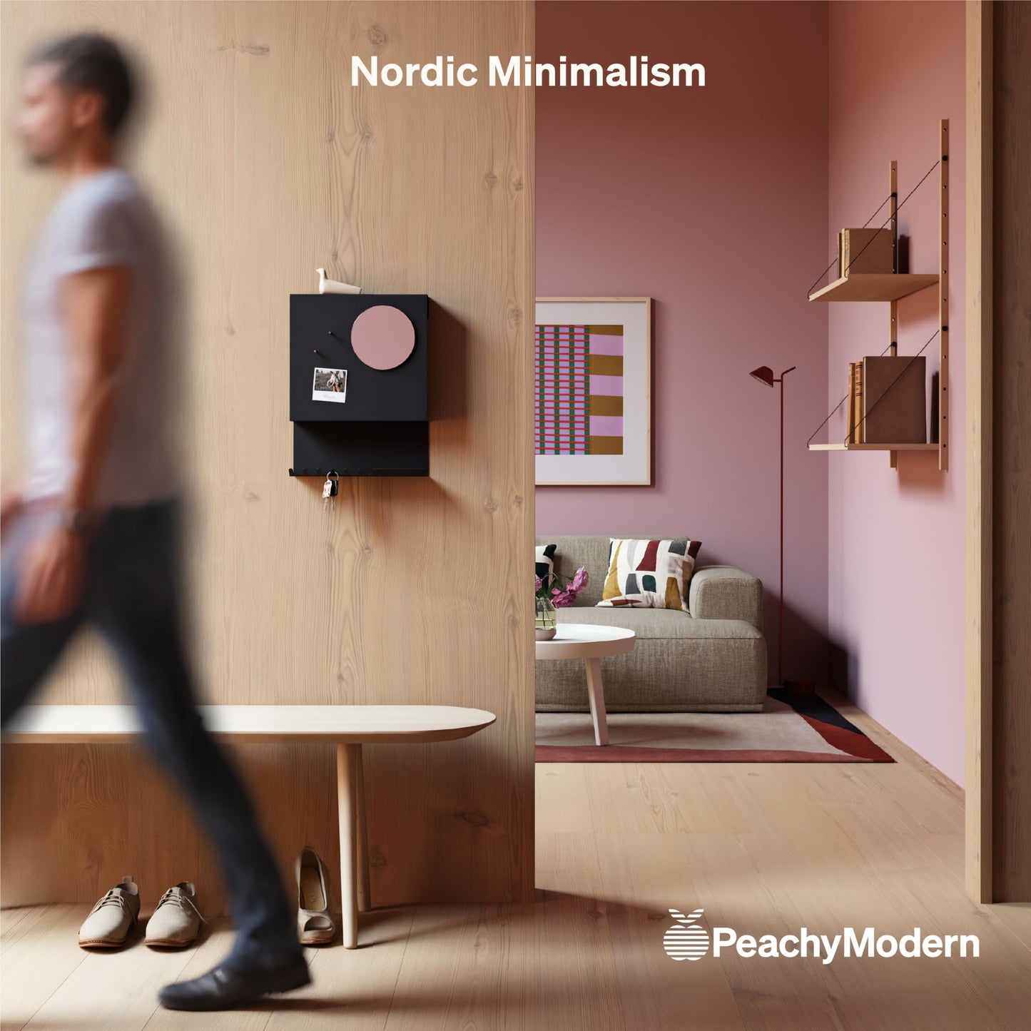 PeachyModern Key Holder Wall Mount and Mail Organizer - Hide Your Mail with a Modern and Minimal Look (Black)