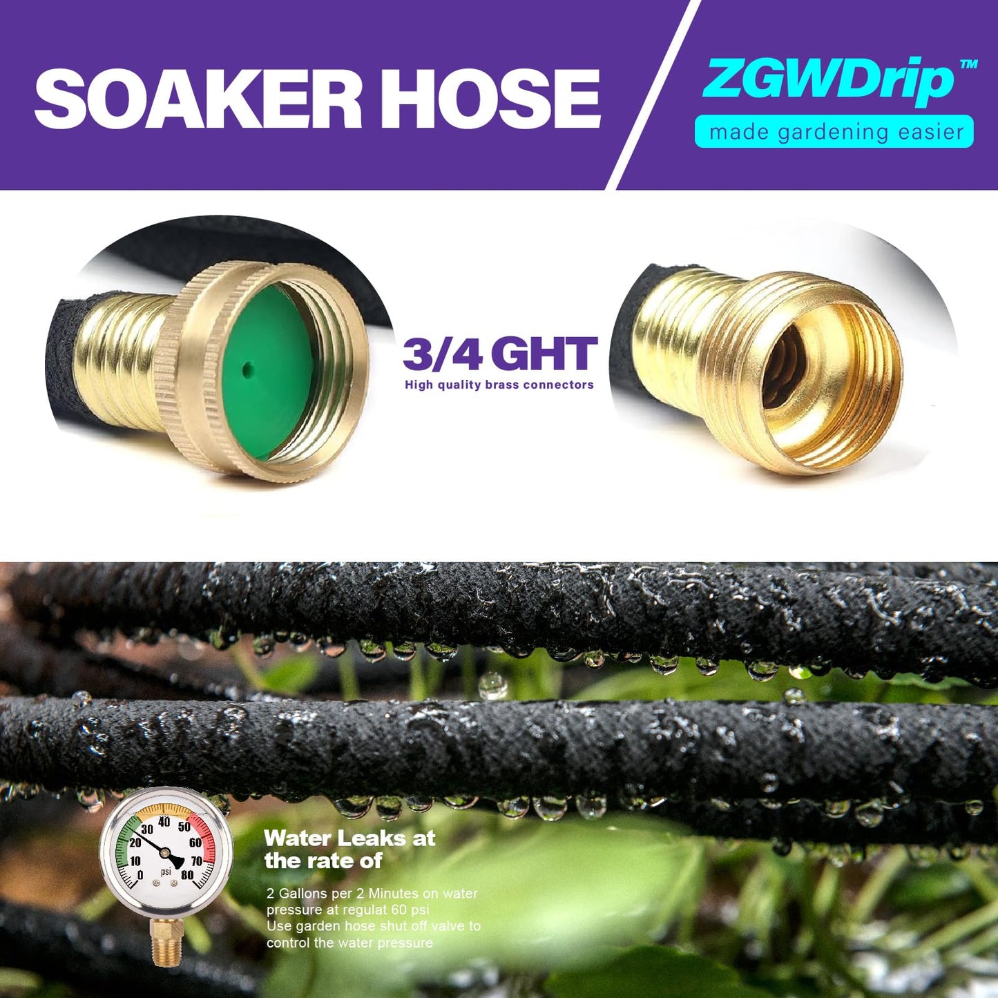 ZGWDrip 150FT 1/2" Water-Saving Soaker Hose with Solid Brass Connectors, Drip Irrigation Kit for Lawn & Landscaping with Metal Ground Stake & Accessory Kit