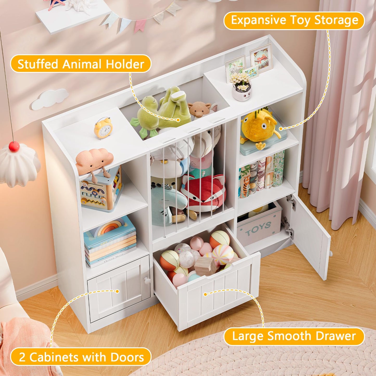 Vabches Toy Storage Organizer, Toddler Stuffed Animal Zoo with Drawer and Doors, Multi-Functional Kids Bookshelf Floor Storage Chest with 4 Storage Cubbies for Playroom, Kids Room, White
