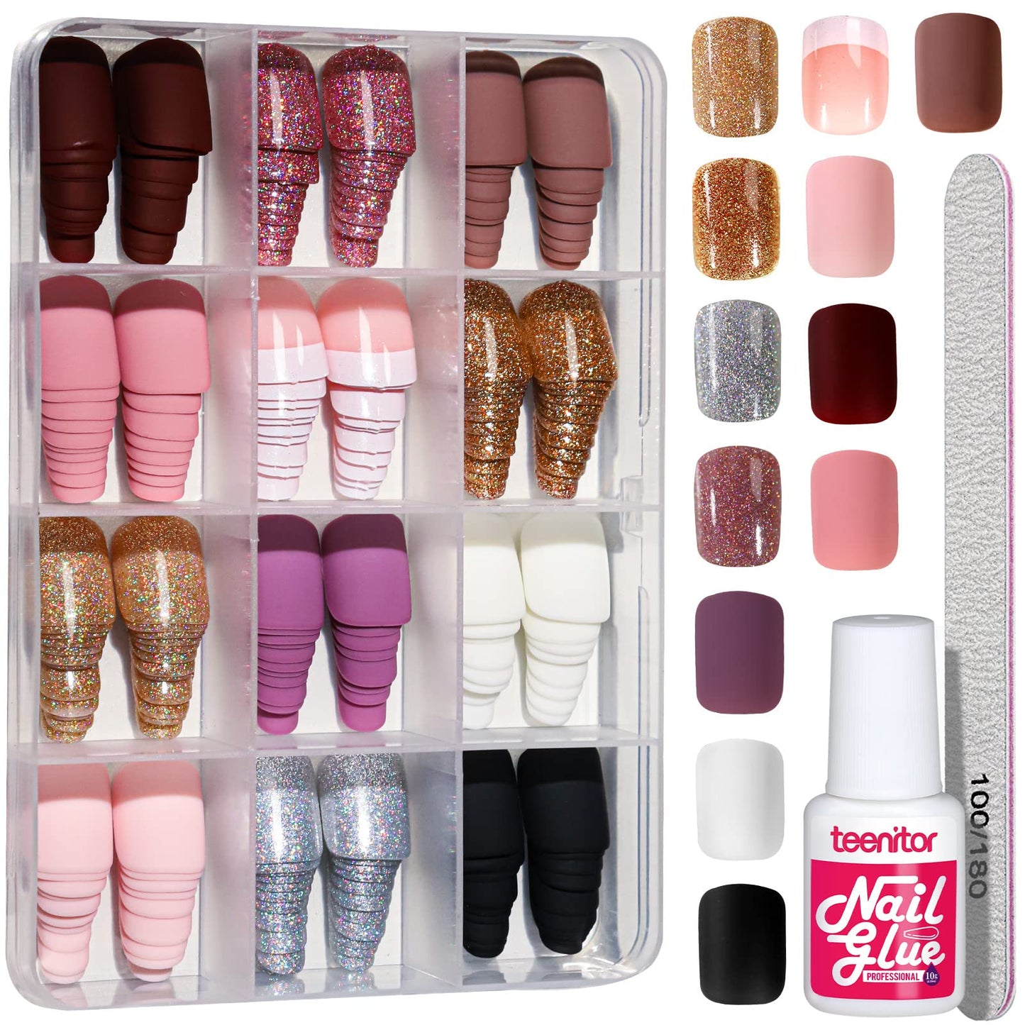 Teenitor Short Press on Nails,288Pcs Matte Acrylic Short Square Fake Nails Full Cover, Glitter Press On False Nails Glue on Nails