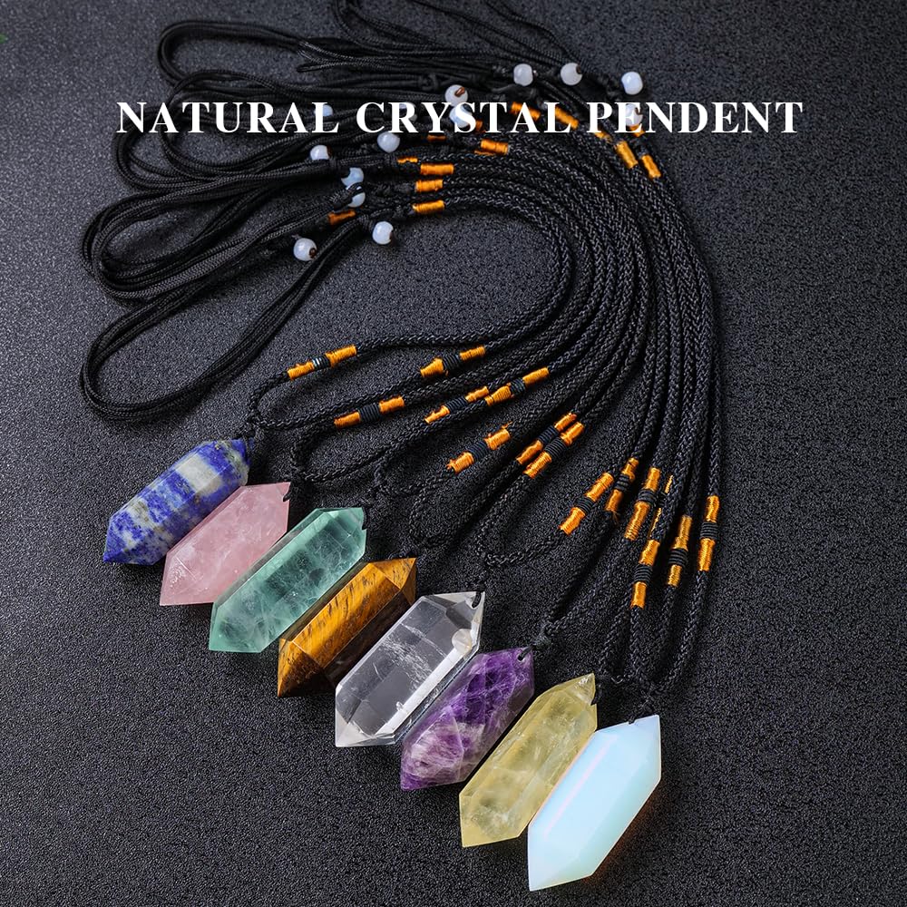 Runyangshi Clear Quartz Healing Crystal Pendants, Double Pointed Natural Crystal Quartz Necklace 6 Faceted Chakra Crystal Wand Stone
