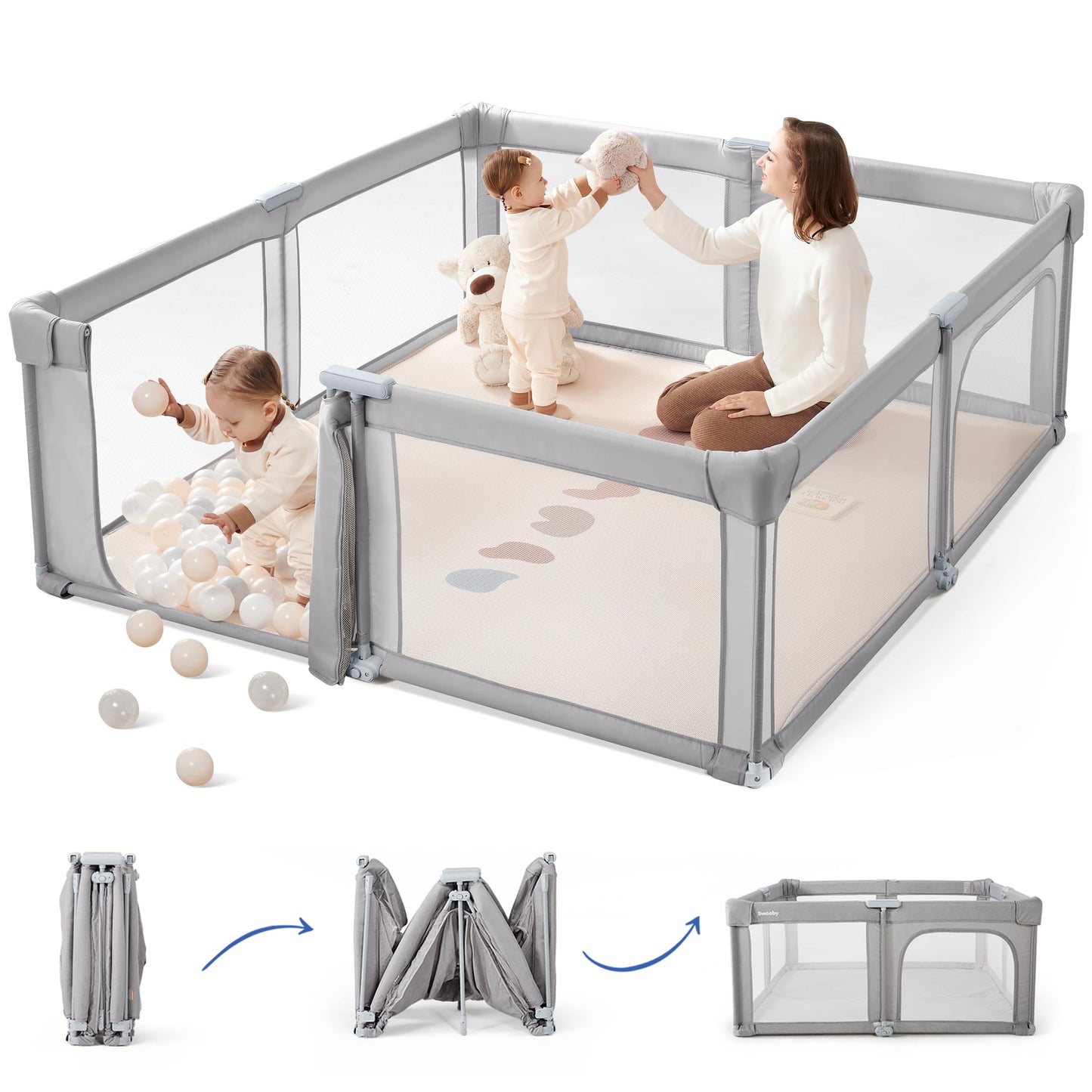 Sweeby Baby Playpen, 59x59 Inch Baby Gate Foldable Playpens for Babies and Toddlers, Extra Large Playpen with Door Play Yard for Kids Fence Indoor and Outdoor Play Pen, Gray