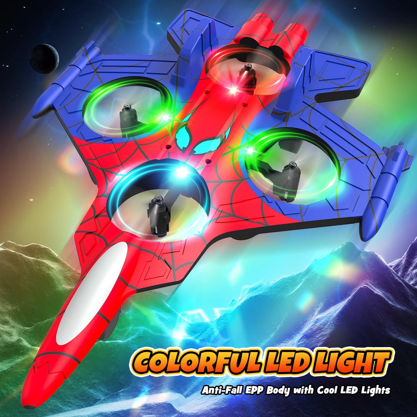 Motivekit Spider Mini Drone, Foam Remote Control Airplane for Kids, 2.4GHz RC Jet with LED Lights, 360° Stunt Flips and Rolls, Easy to Fly Toy Plane Gift for 8 9 10 12+ Year Old Boys Girls