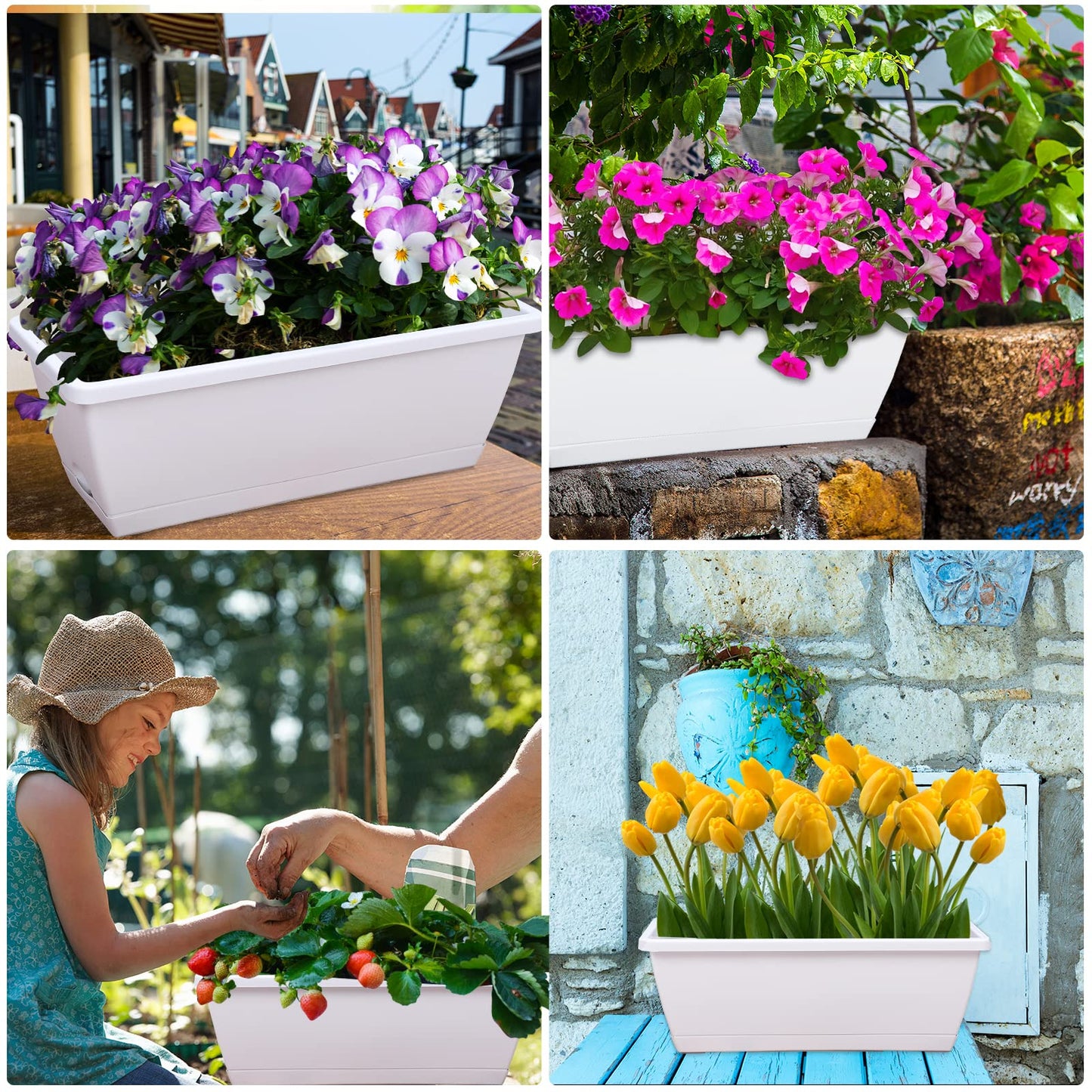 CHUKEMAOYI Window Box Planter, 7 Pack Plastic Vegetable Flower Planters Boxes 17 Inches Rectangular Flower Pots with Saucers for Indoor Outdoor Garden, Patio, Home Decor (White)