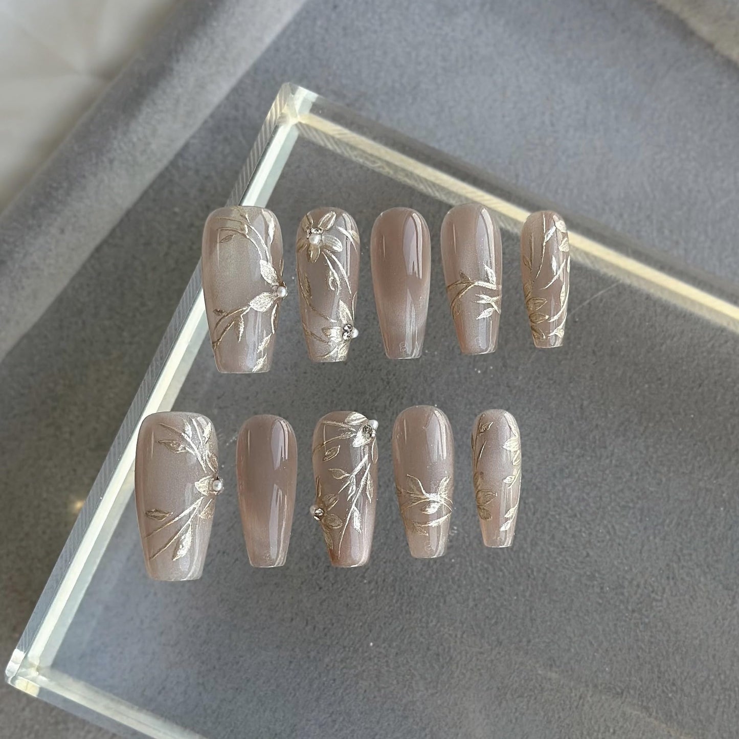 GLORS Nude Press-on Nails, Long Ballerina Shape, Gold Floral Design with Pearls, Handmade False Nail 10 Pieces (Small,LB)