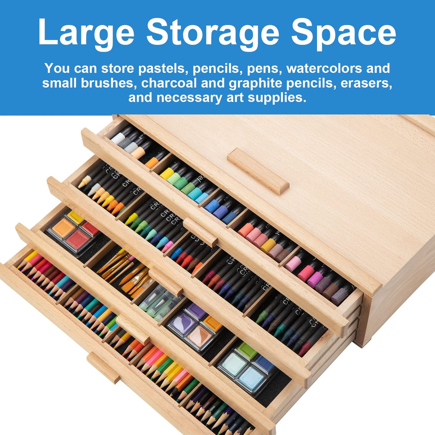 Falling in Art Wooden Pastel Storage Box, Artist Supply Storage Box With 4 Removable Drawer, Portable Organizer Box for Pencils, Markers, Brushes and Painting Tools