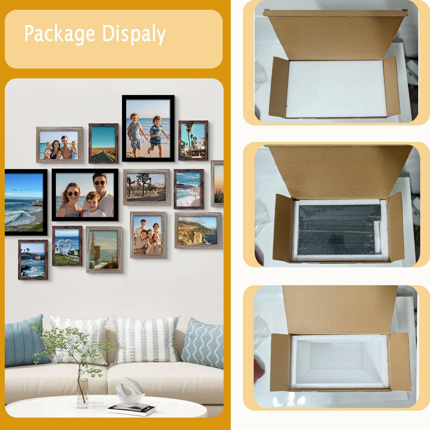 BESCRCL 15 Pack Real Glass Picture Frames Collage Wall Decor, Including 3pcs 8x10, 6pcs 5x7, 6pcs 4x6 Photo Frames for Gallery Wall or Tabletop Display, Brown