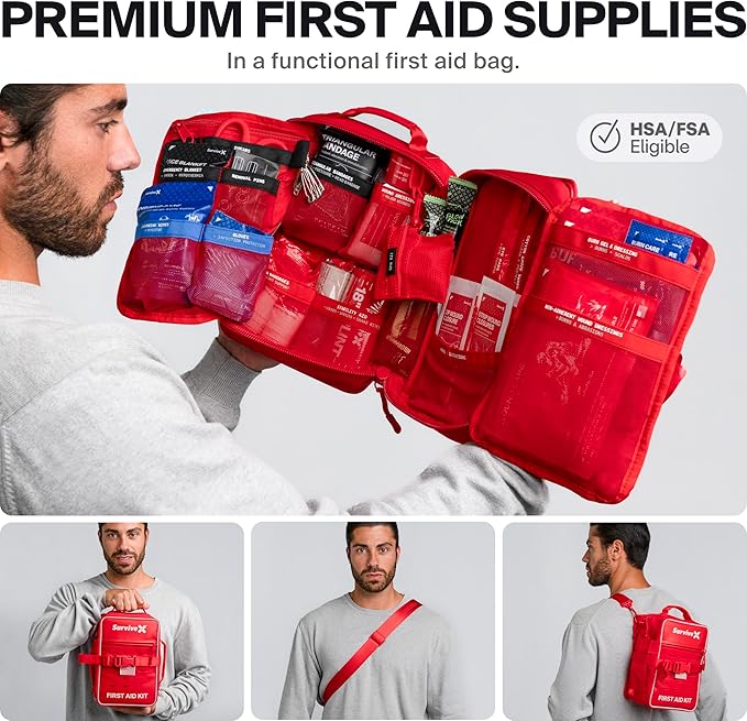 Large Pro First Aid Kit for Car, Travel & Home - Emergency Kit for Hiking, Camping, Backpacking and Outdoors - Includes Zip Stitch Wound Closure Strips