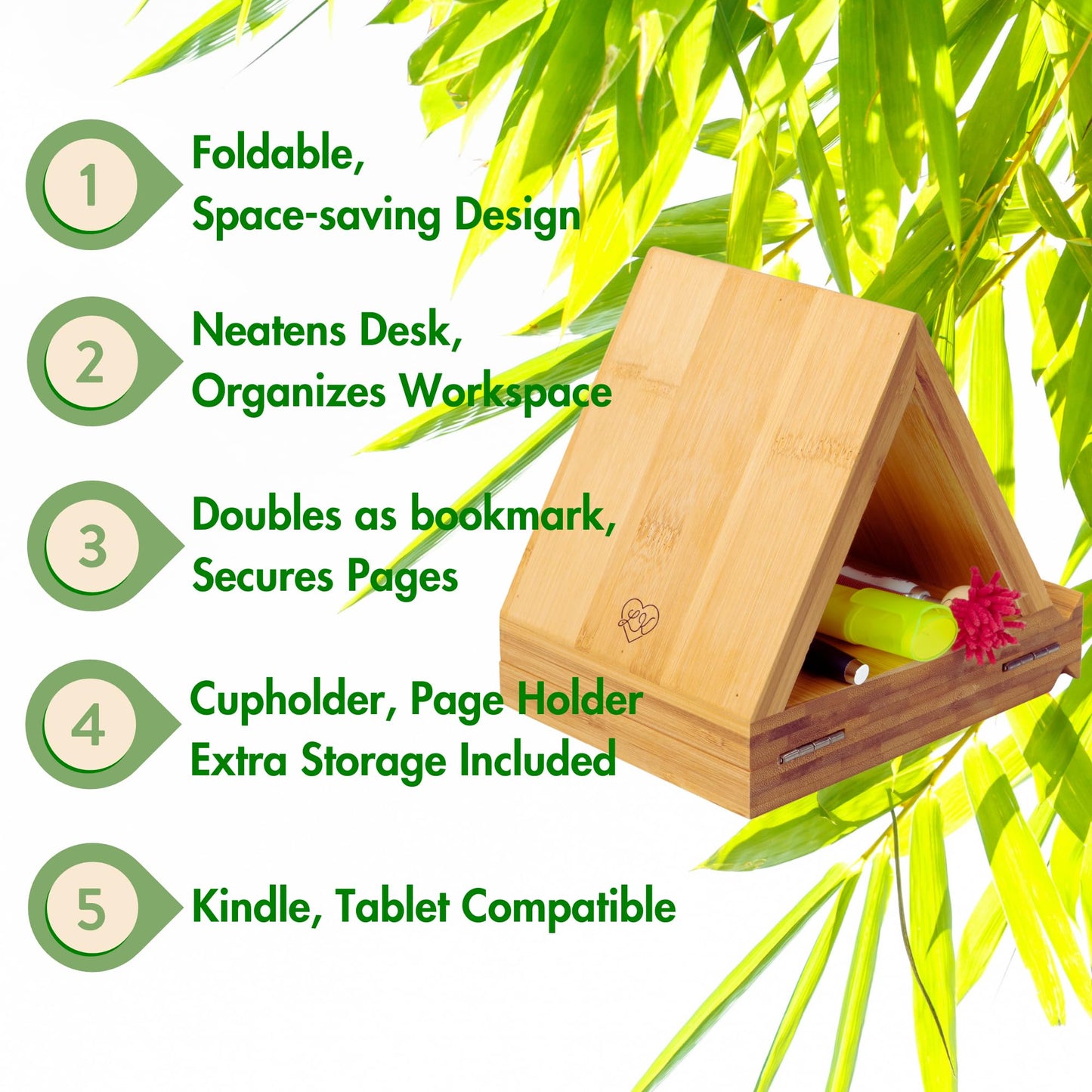 Bamboo Triangle Book Rest - Foldable Desk Stand, Book Nook Reading Valet, Gift for Readers with Free Page Holder, No Assembly Required (Natural)