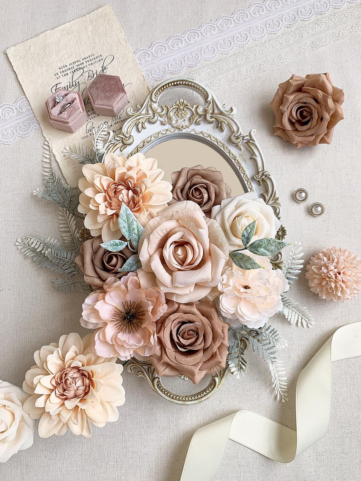 FACINOC Roses Artificial Flowers Nude Fake Flower for DIY Wedding Bouquet Bridal Baby Shower Decorations Party Table Centerpieces Cake Decorating Silk Floral Arrangement Home Decor Indoor Beige